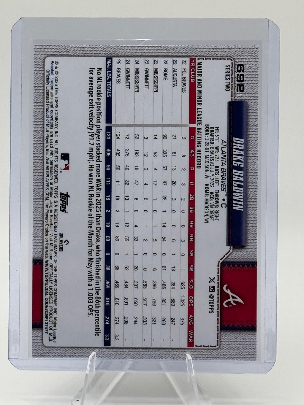 2026 Topps Drake Baldwin #692 Atlanta Braves Near Mint or Better
