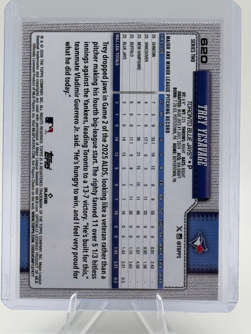 2026 Topps Trey Yesavage #620 Toronto Blue Jays Near Mint or Better