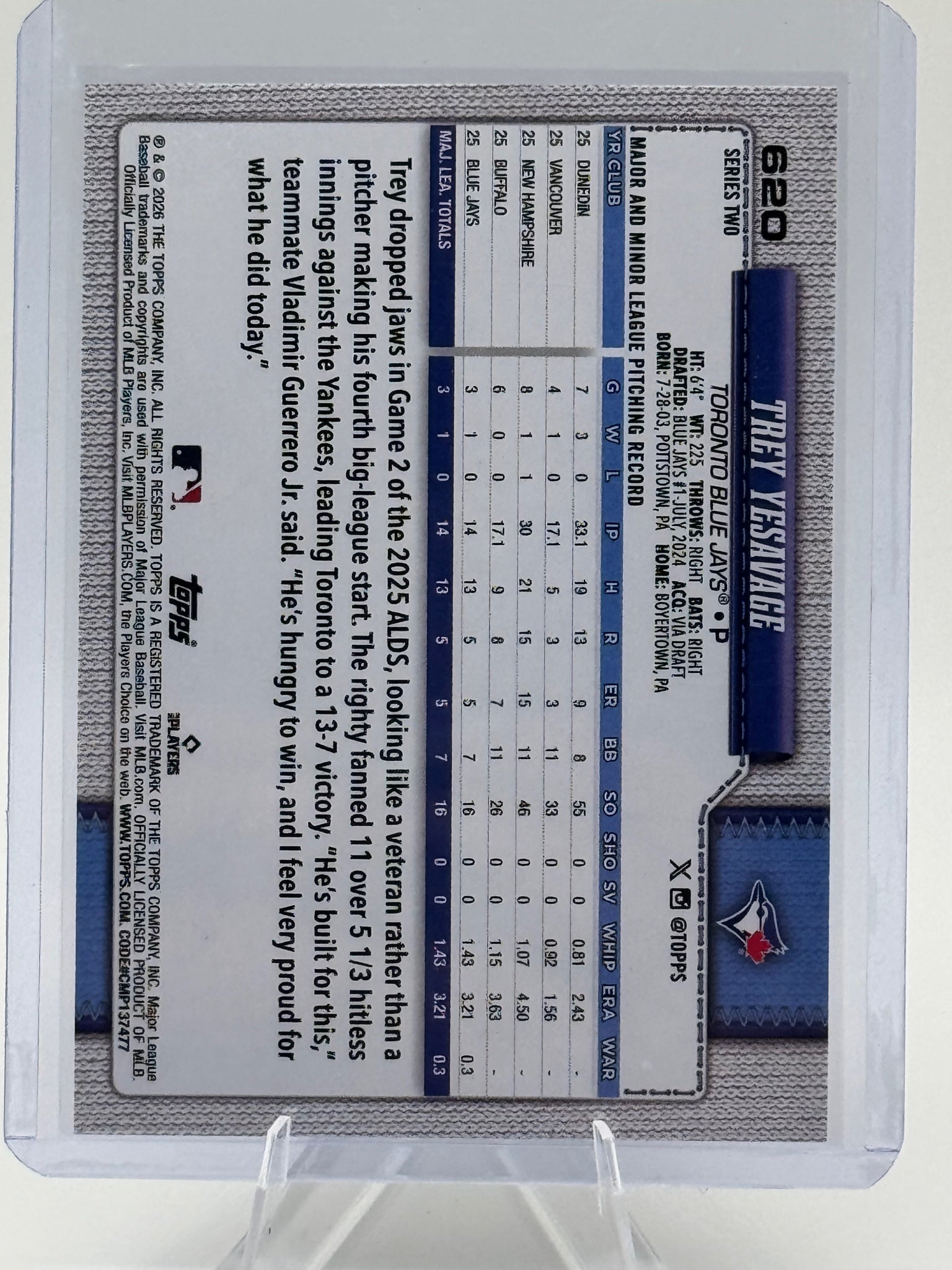 2026 Topps Trey Yesavage #620 Toronto Blue Jays Near Mint or Better