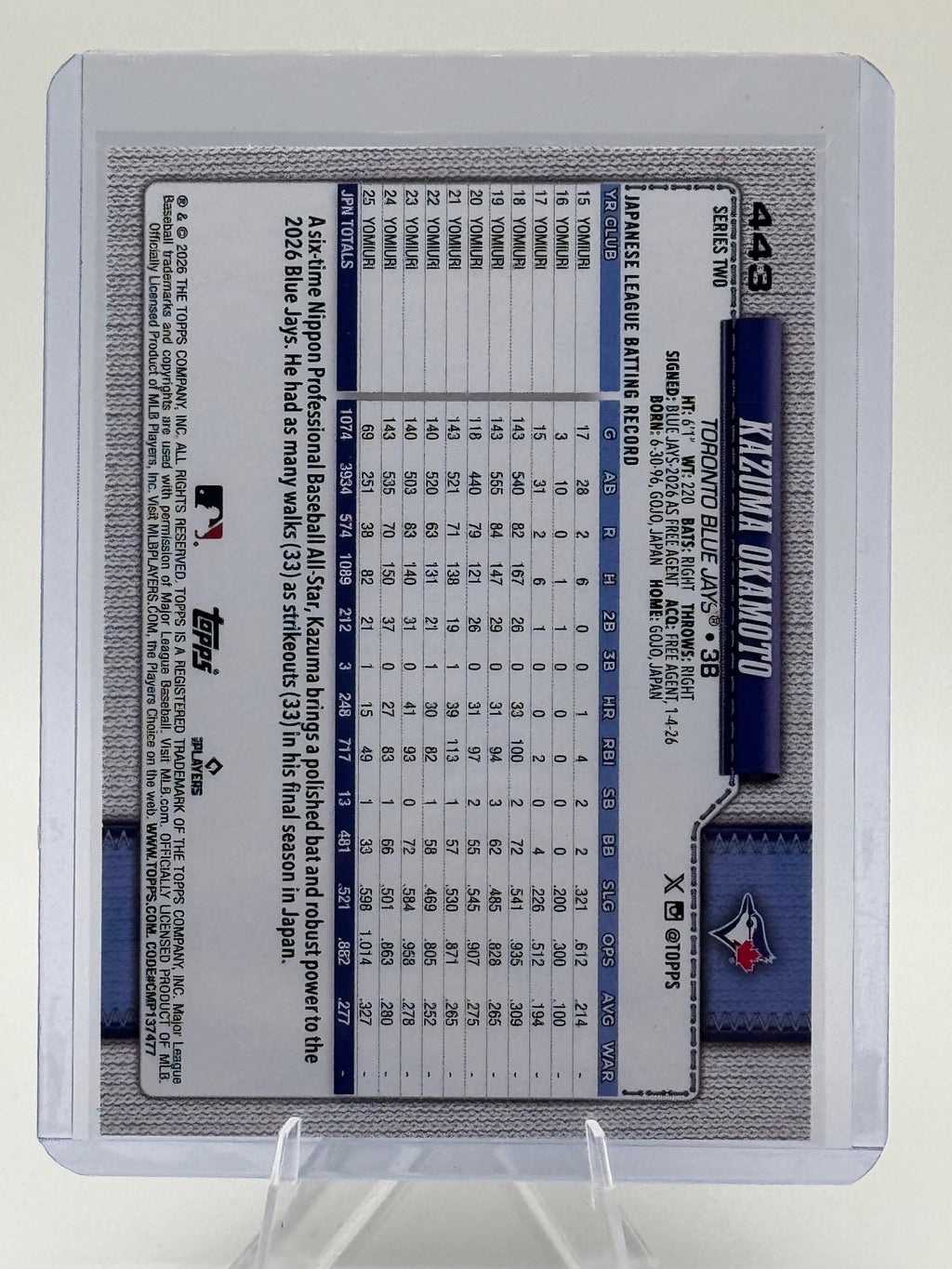 2026 Topps Kazuma Okamoto #443 Toronto Blue Jays Near Mint or Better