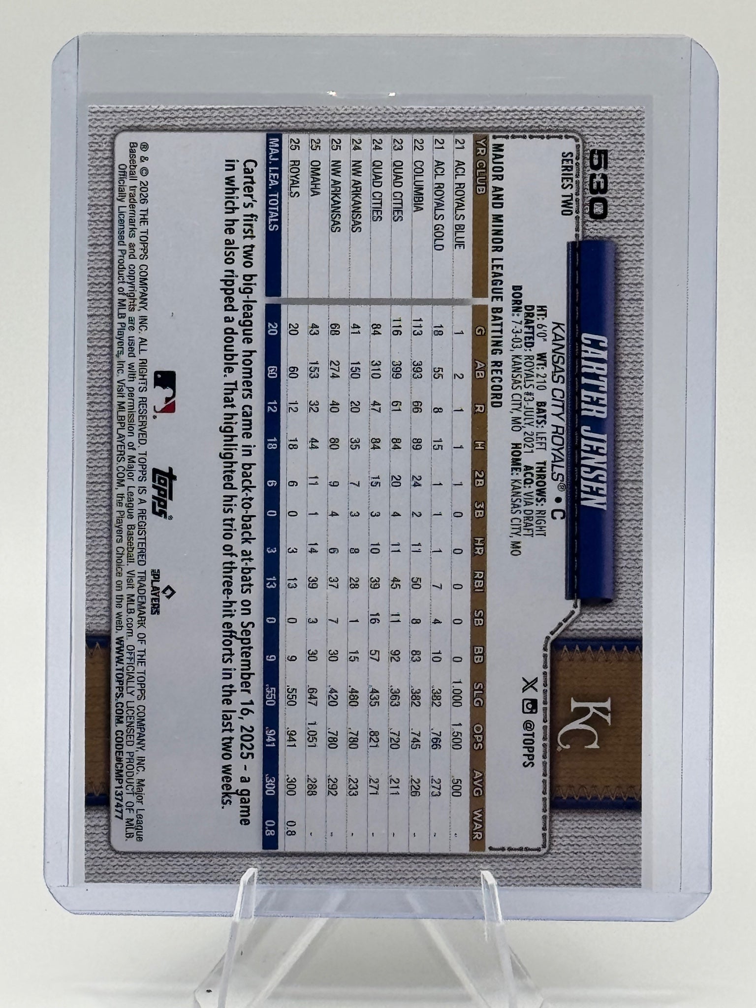 2026 Topps Carter Jensen #530 Kansas City Royals Near Mint or Better