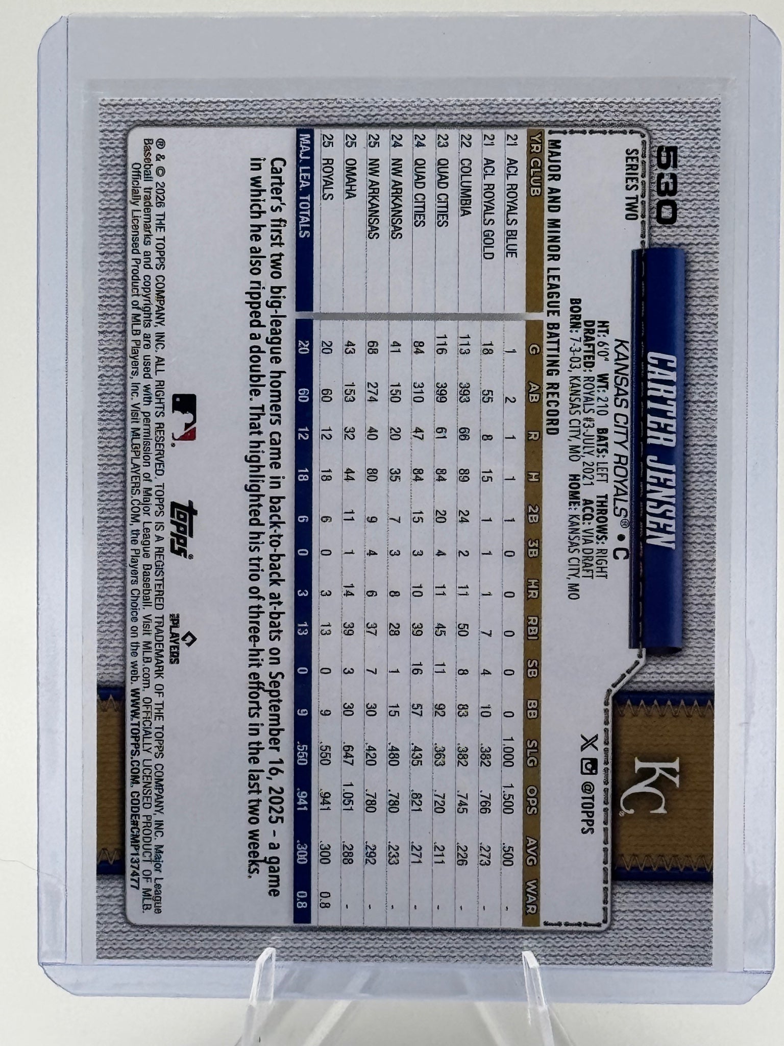2026 Topps Carter Jensen #530 Kansas City Royals Near Mint or Better