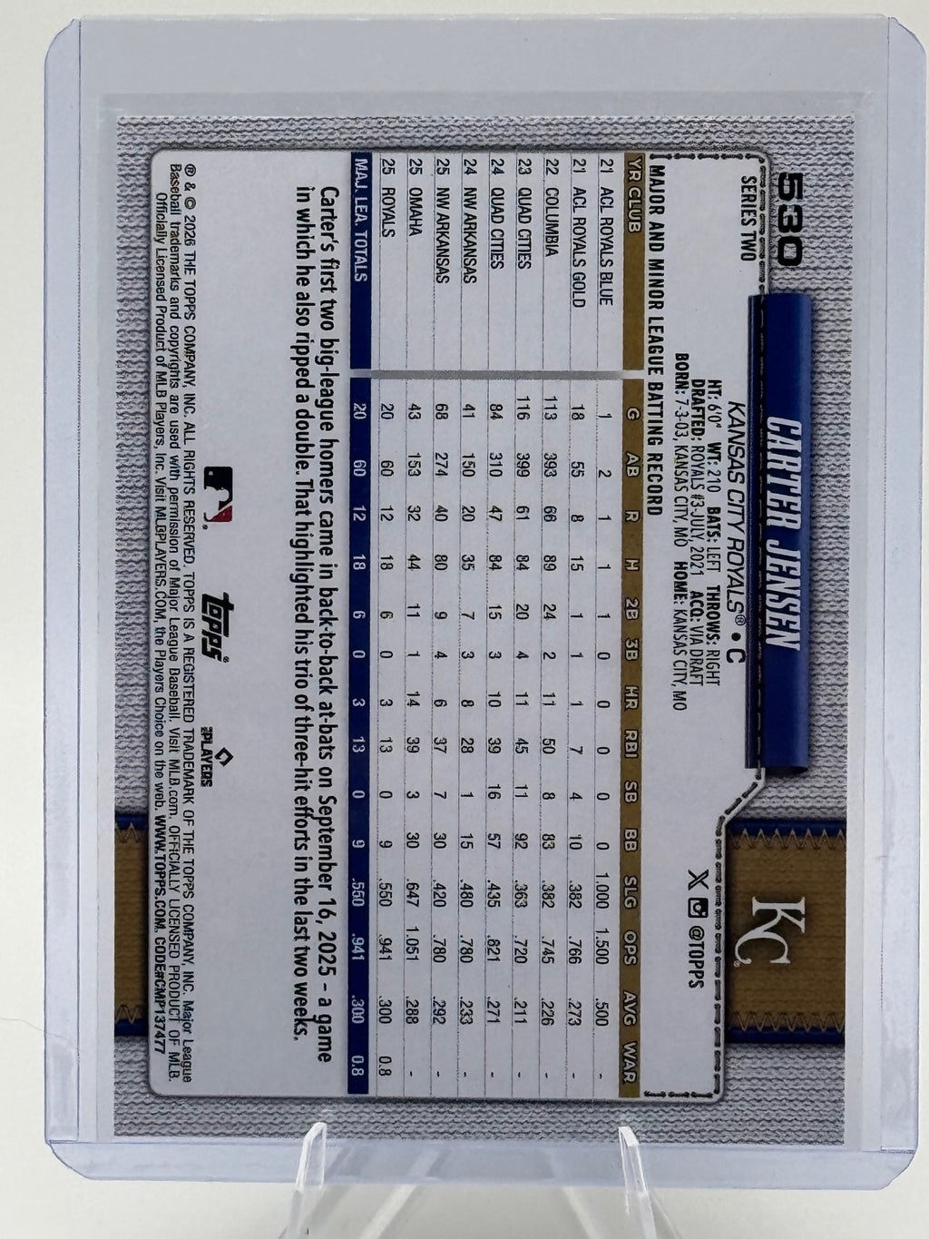 2026 Topps Carter Jensen #530 Kansas City Royals Near Mint or Better