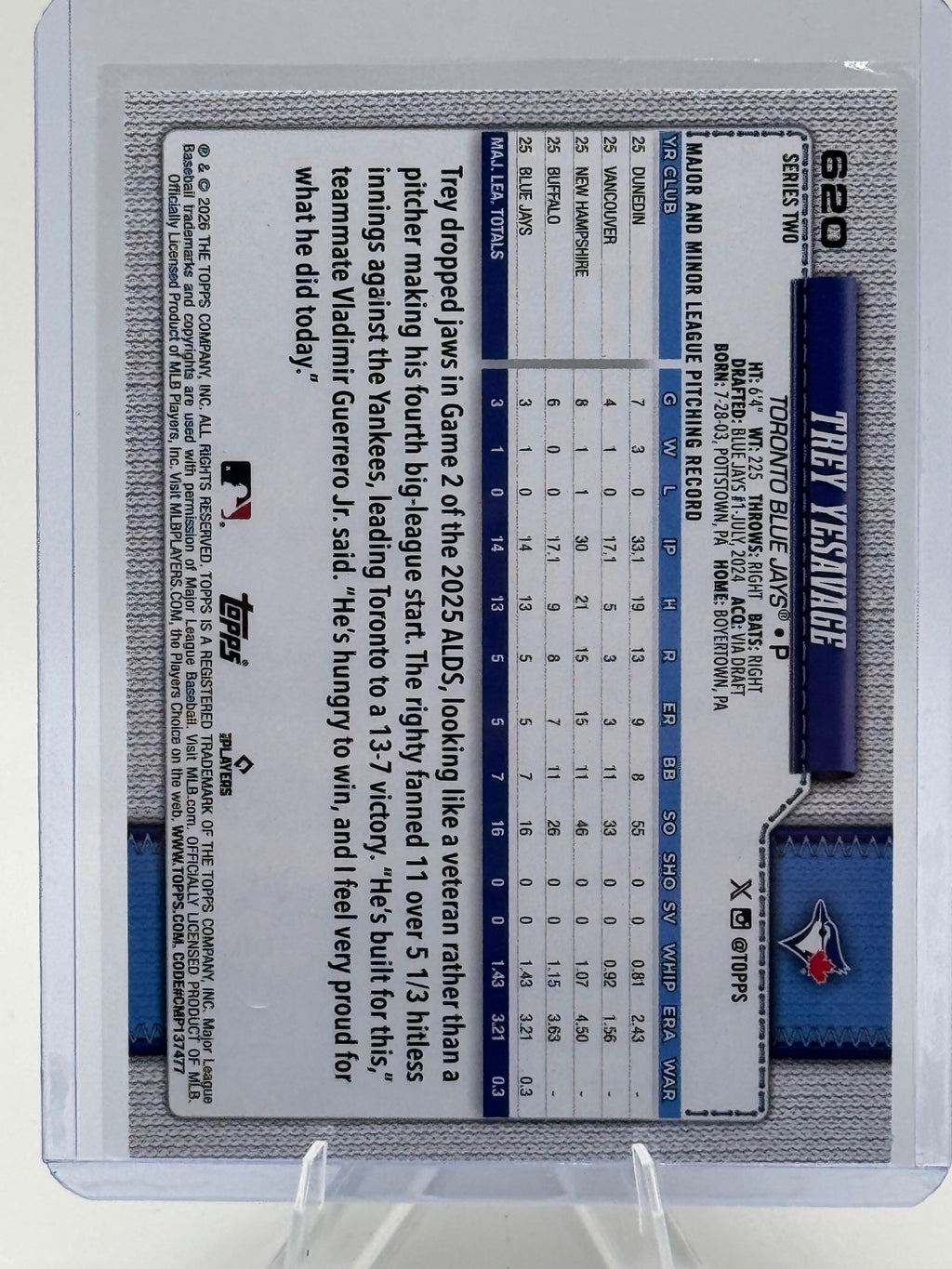 2026 Topps Trey Yesavage #620 Toronto Blue Jays NM