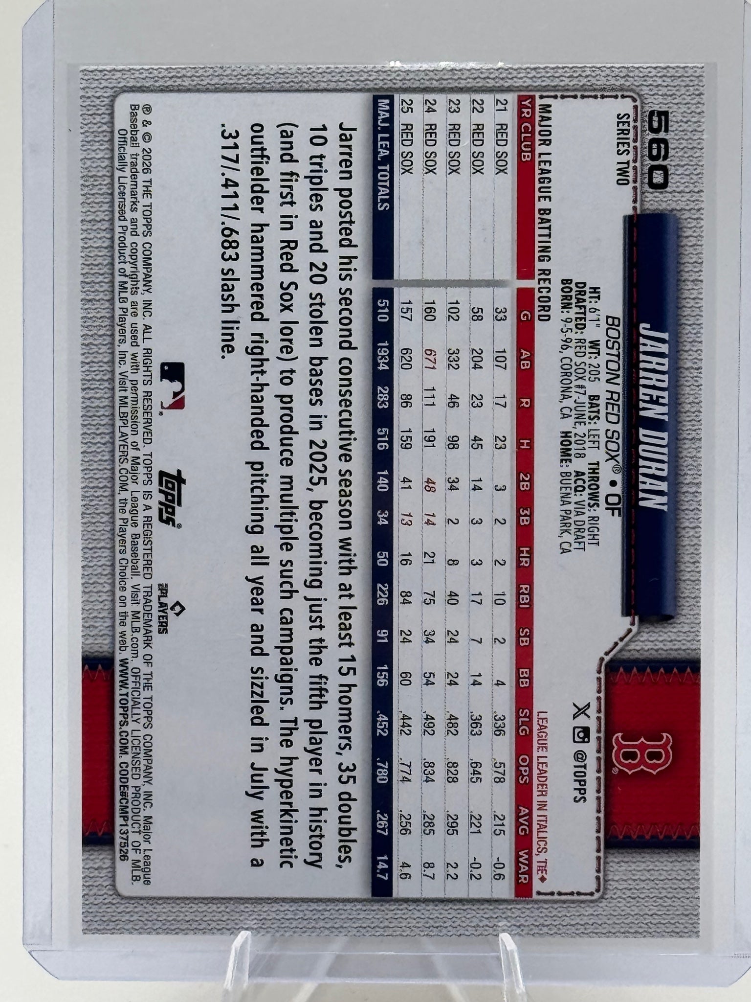 2026 Topps Jarren Duran #560 Holiday Boston Red Sox Near Mint or Better
