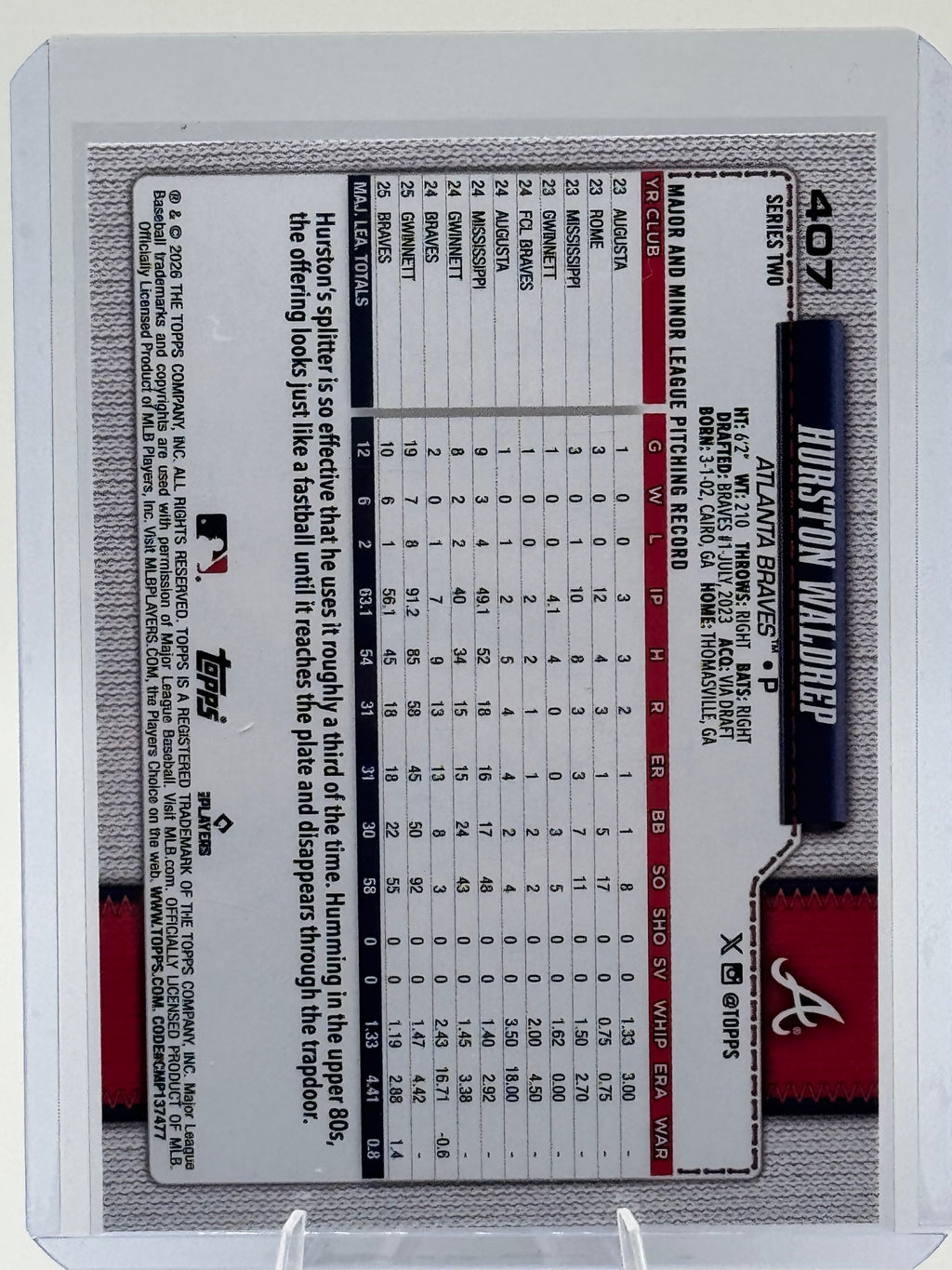 2026 Topps Hurston Waldrep #407 Rainbow Foil Atlanta Braves Near Mint