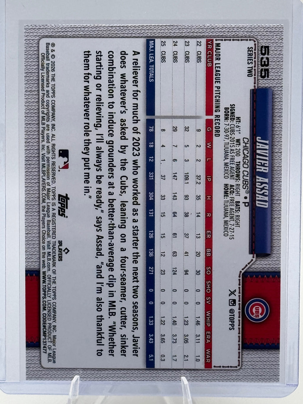 2026 Topps Javier Assad #535 Rainbow Foil Chicago Cubs Near Mint or Better