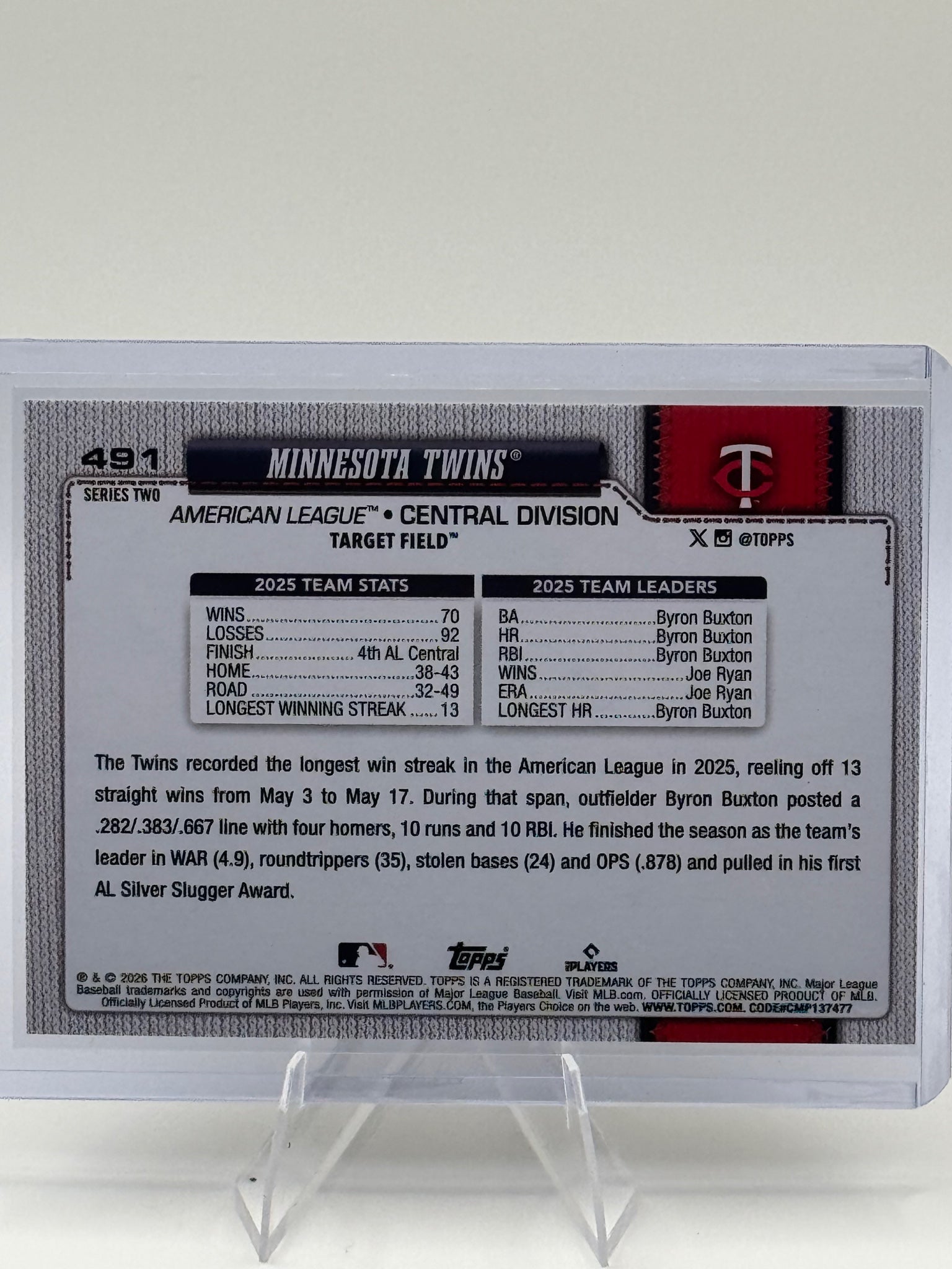 2026 Topps Minnesota Twins #491 Holo Foil Minnesota Twins Near Mint or Better