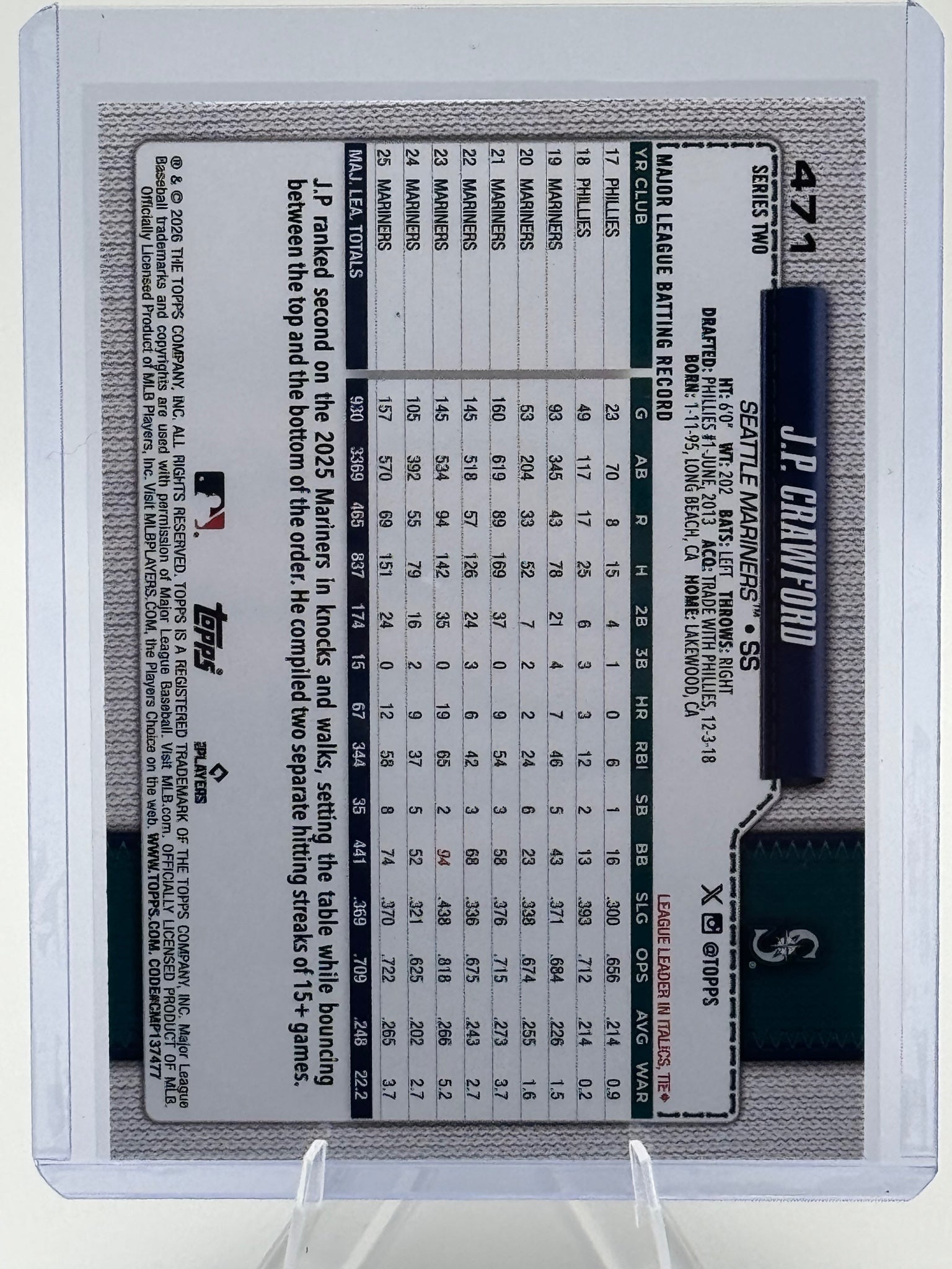 2026 Topps J.P. Crawford #471 Silver Crackle Foil Seattle Mariners Near Mint