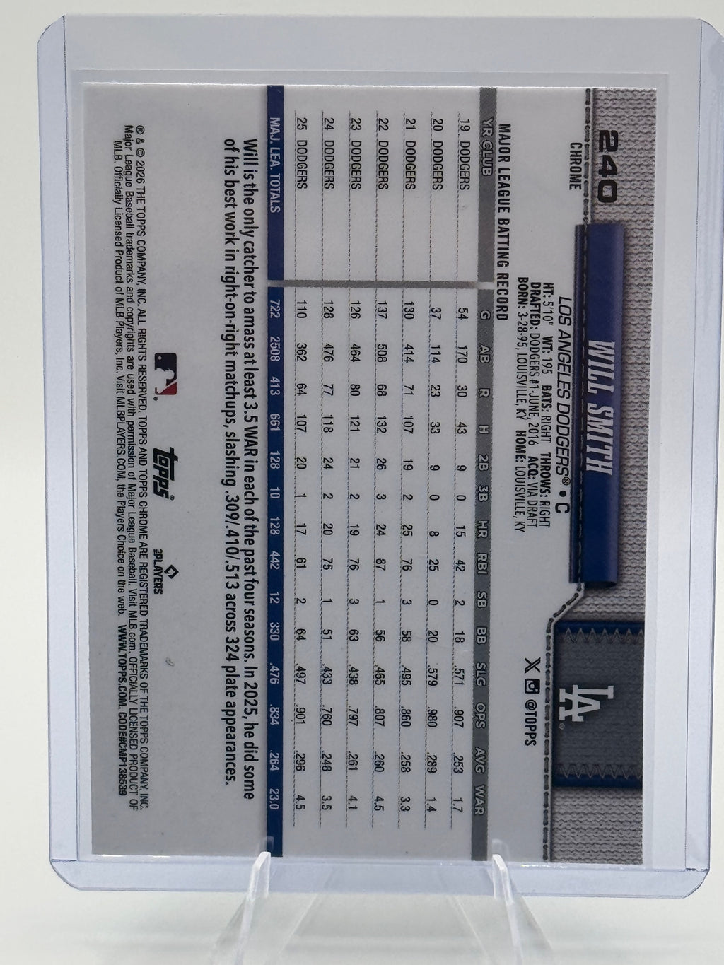 2026 Topps Chrome Will Smith #240 Los Angeles Dodgers Near Mint or Better
