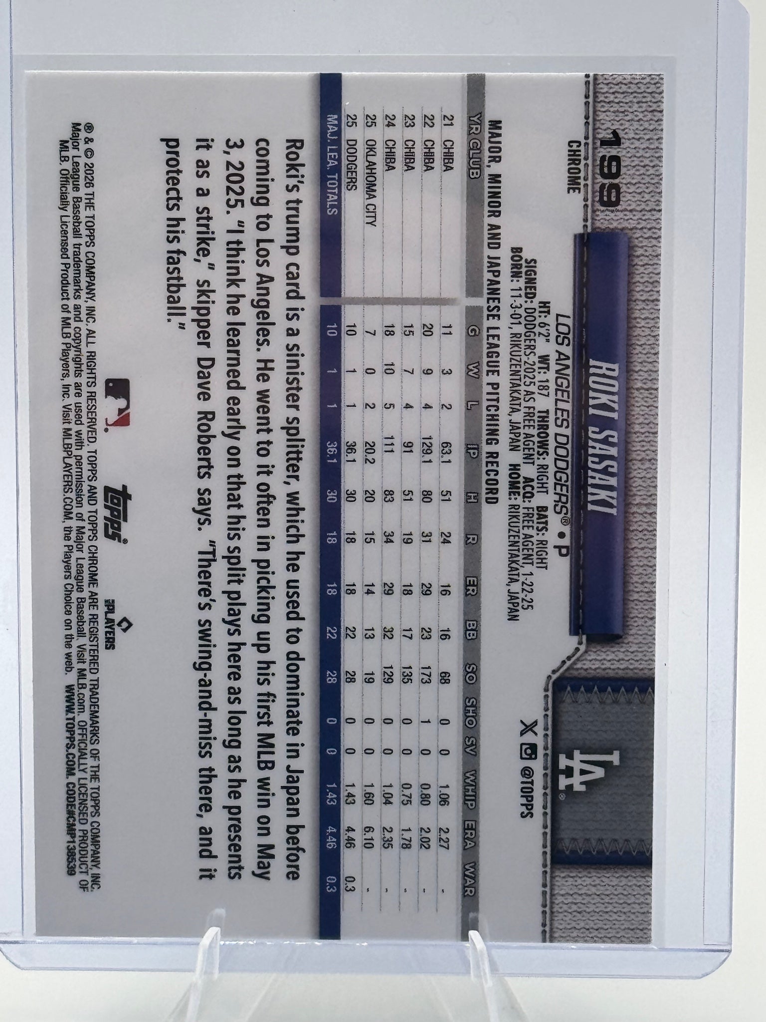 2026 Topps Chrome Roki Sasaki #199 Los Angeles Dodgers Near Mint or Better