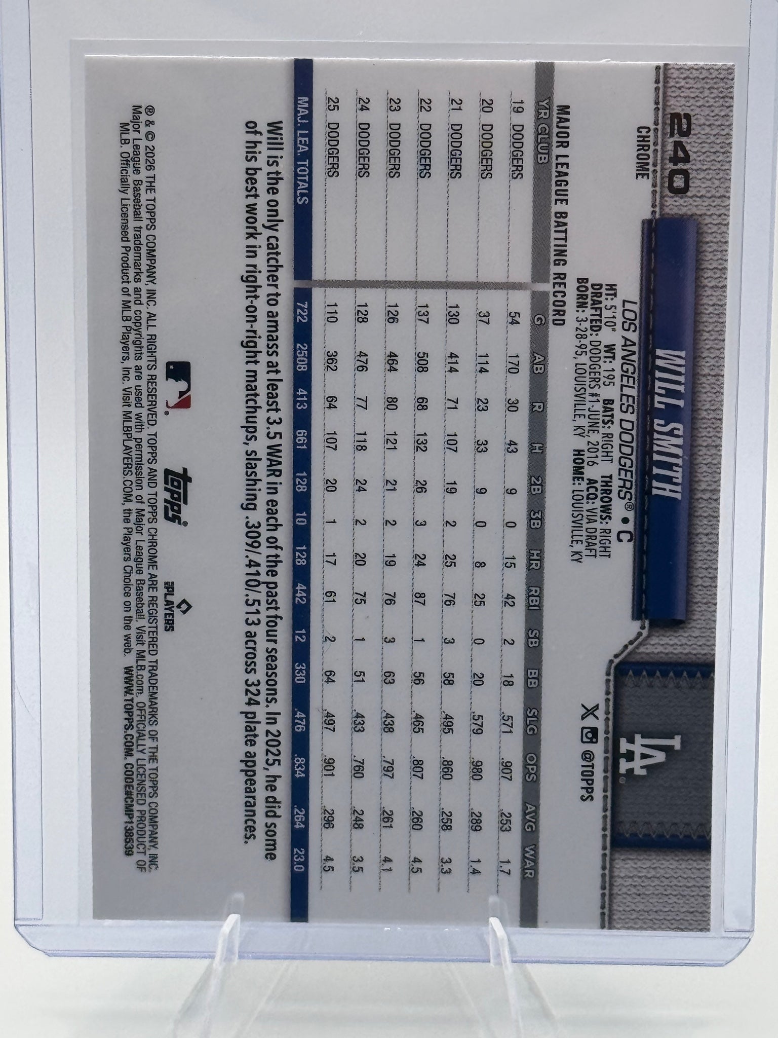 2026 Topps Chrome Will Smith #240 Los Angeles Dodgers Near Mint or Better