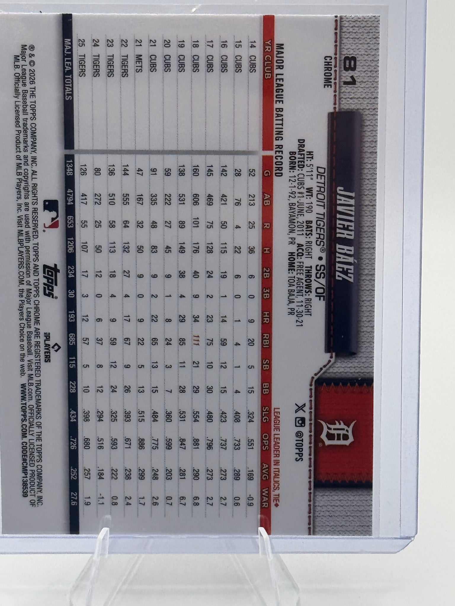2026 Topps Chrome Javier Báez #81 Detroit Tigers Near Mint or Better