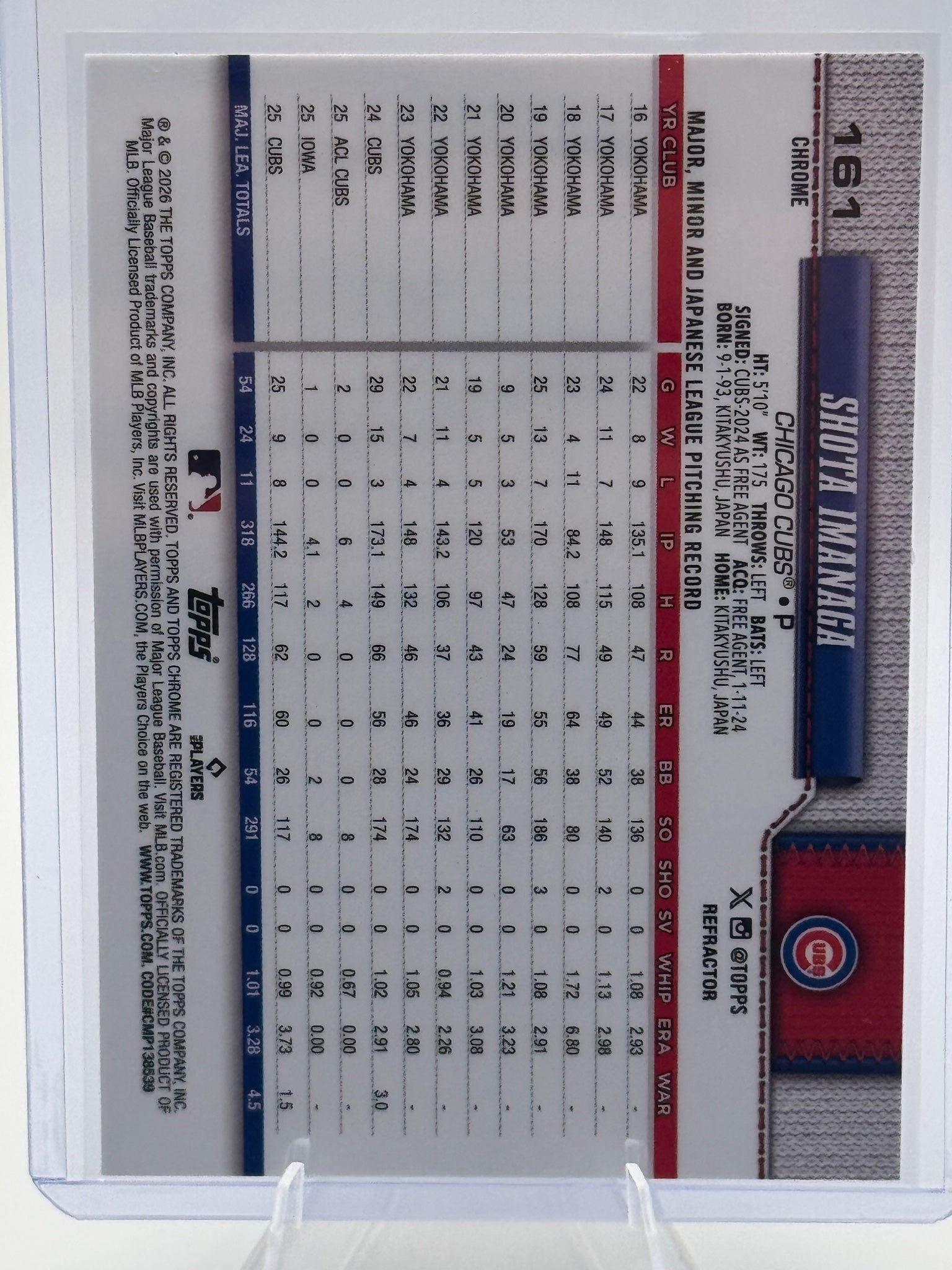 2026 Topps Chrome Shota Imanaga #161 Refractors Chicago Cubs Near Mint or Better
