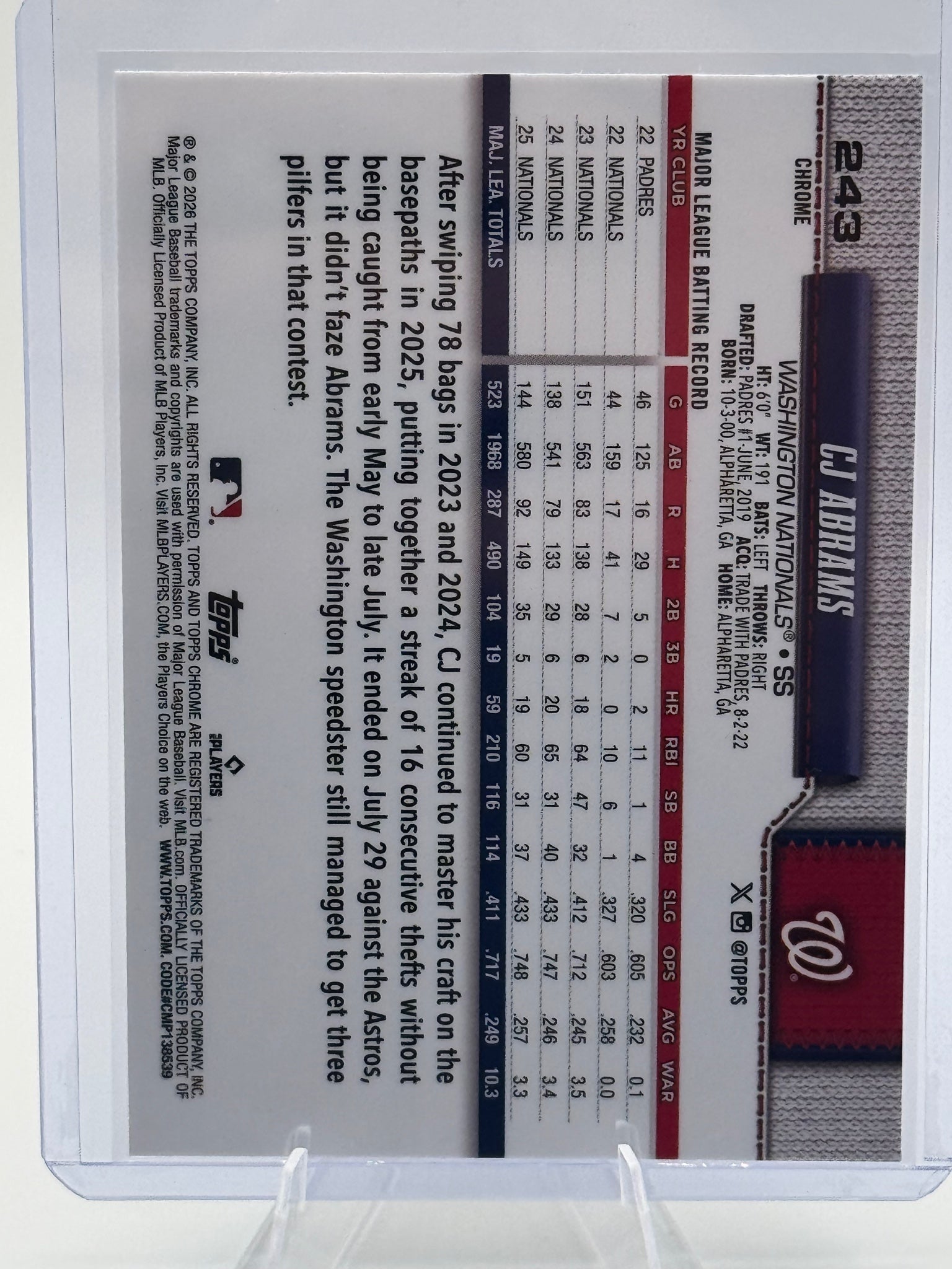 2026 Topps Chrome CJ Abrams #243 Washington Nationals Near Mint or Better