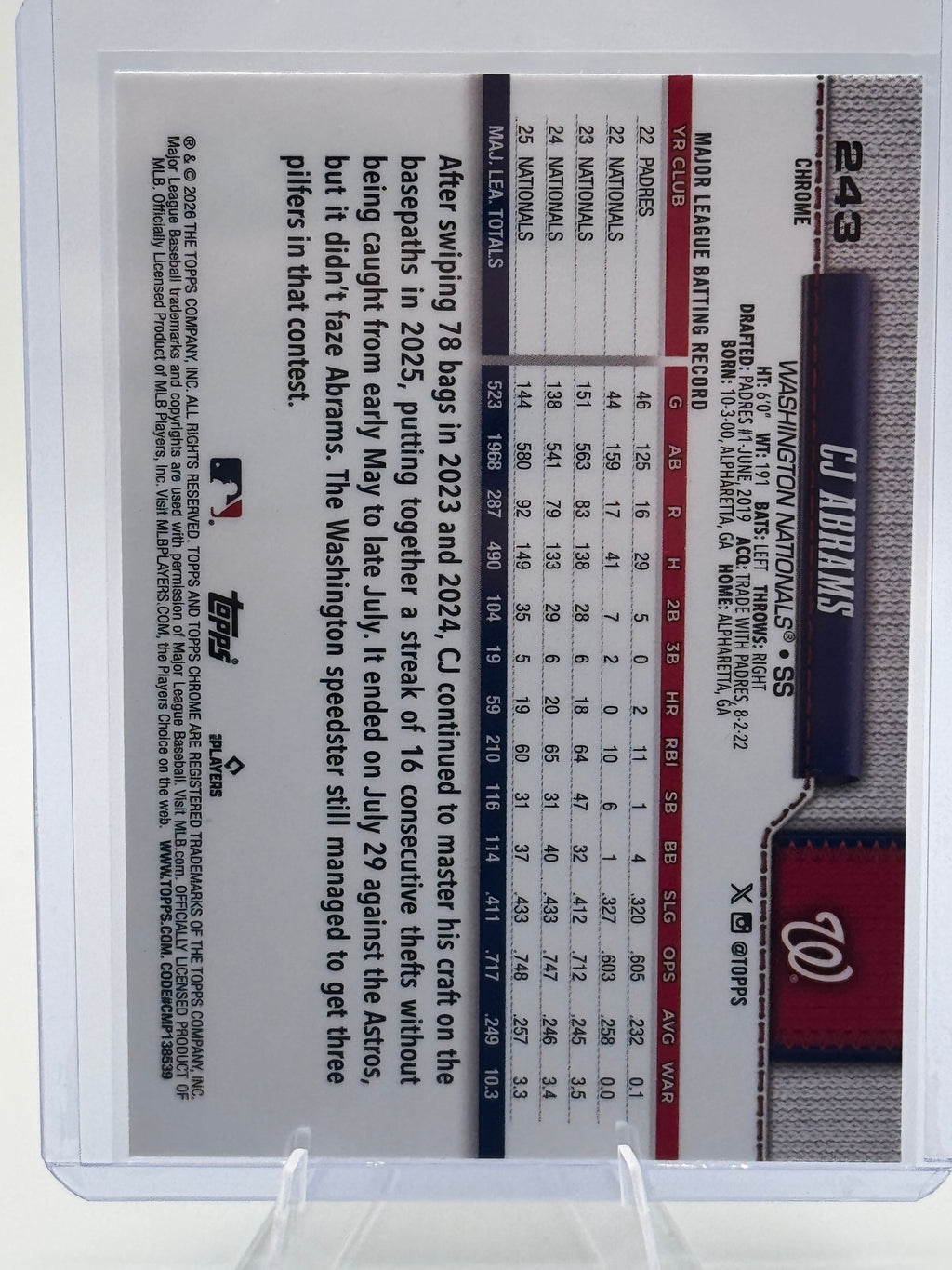 2026 Topps Chrome CJ Abrams #243 Washington Nationals Near Mint or Better