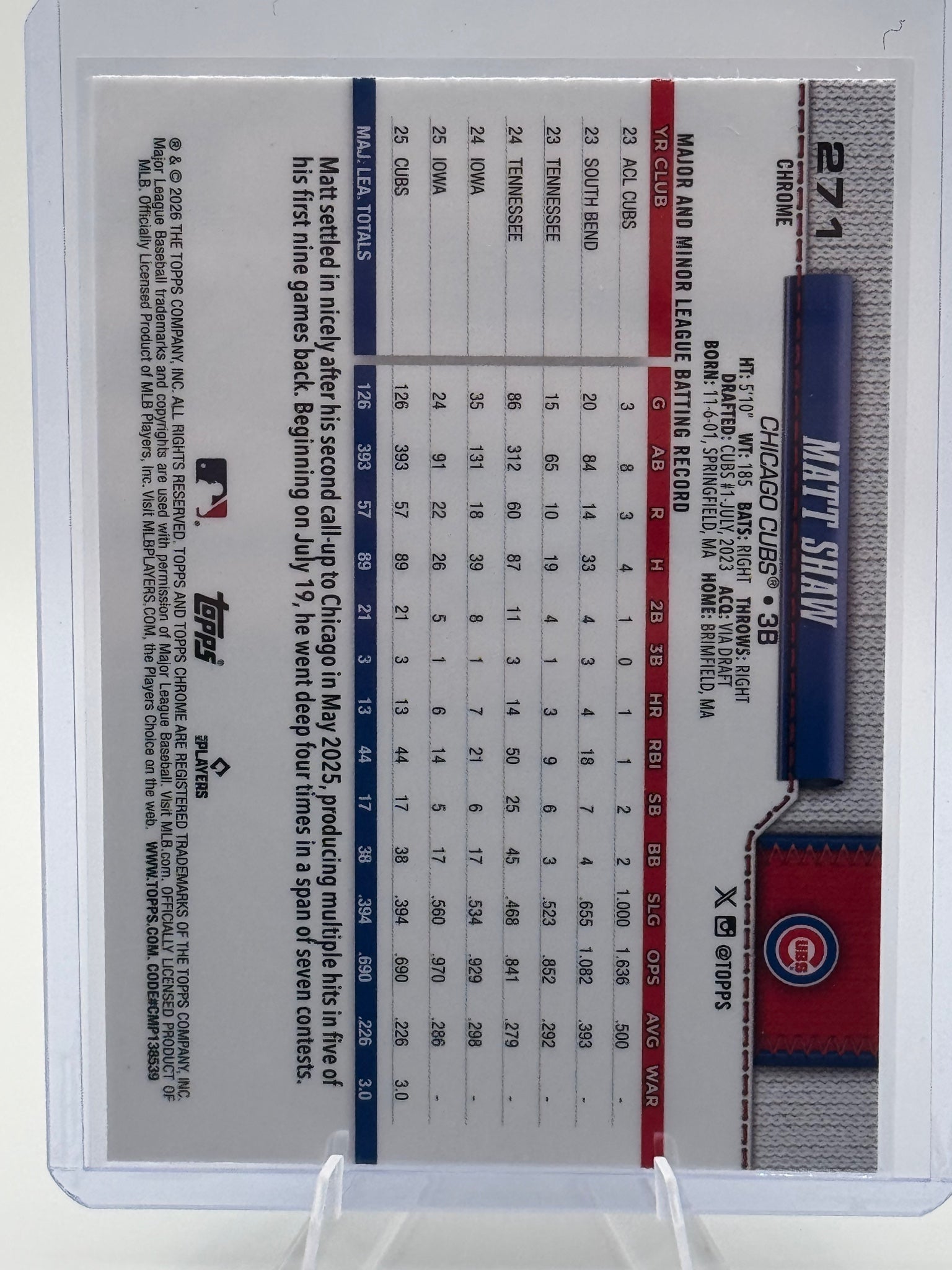 2026 Topps Chrome Matt Shaw #271 Chicago Cubs Near Mint or Better
