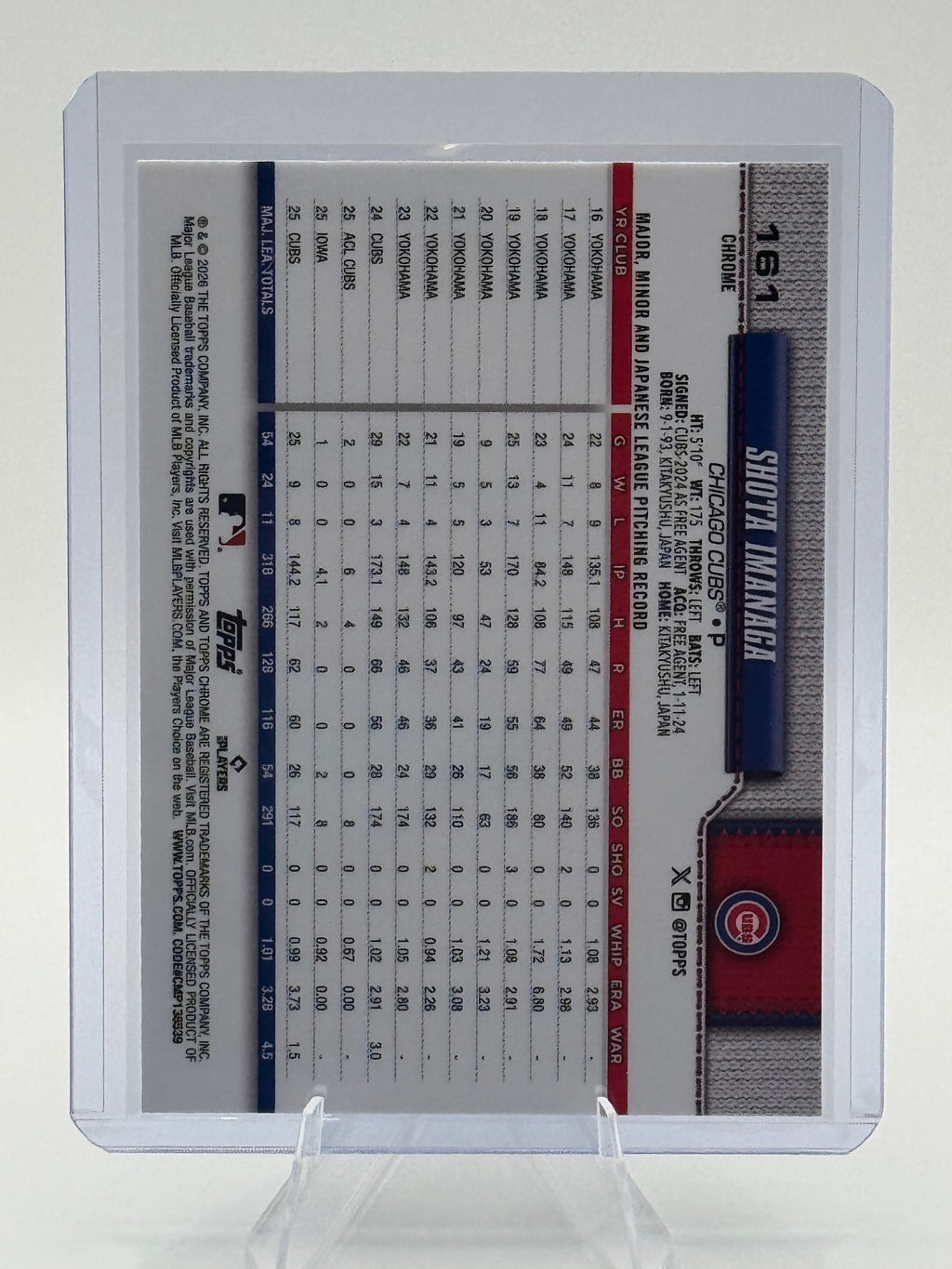 2026 Topps Chrome Shota Imanaga #161 Chicago Cubs Near Mint or Better