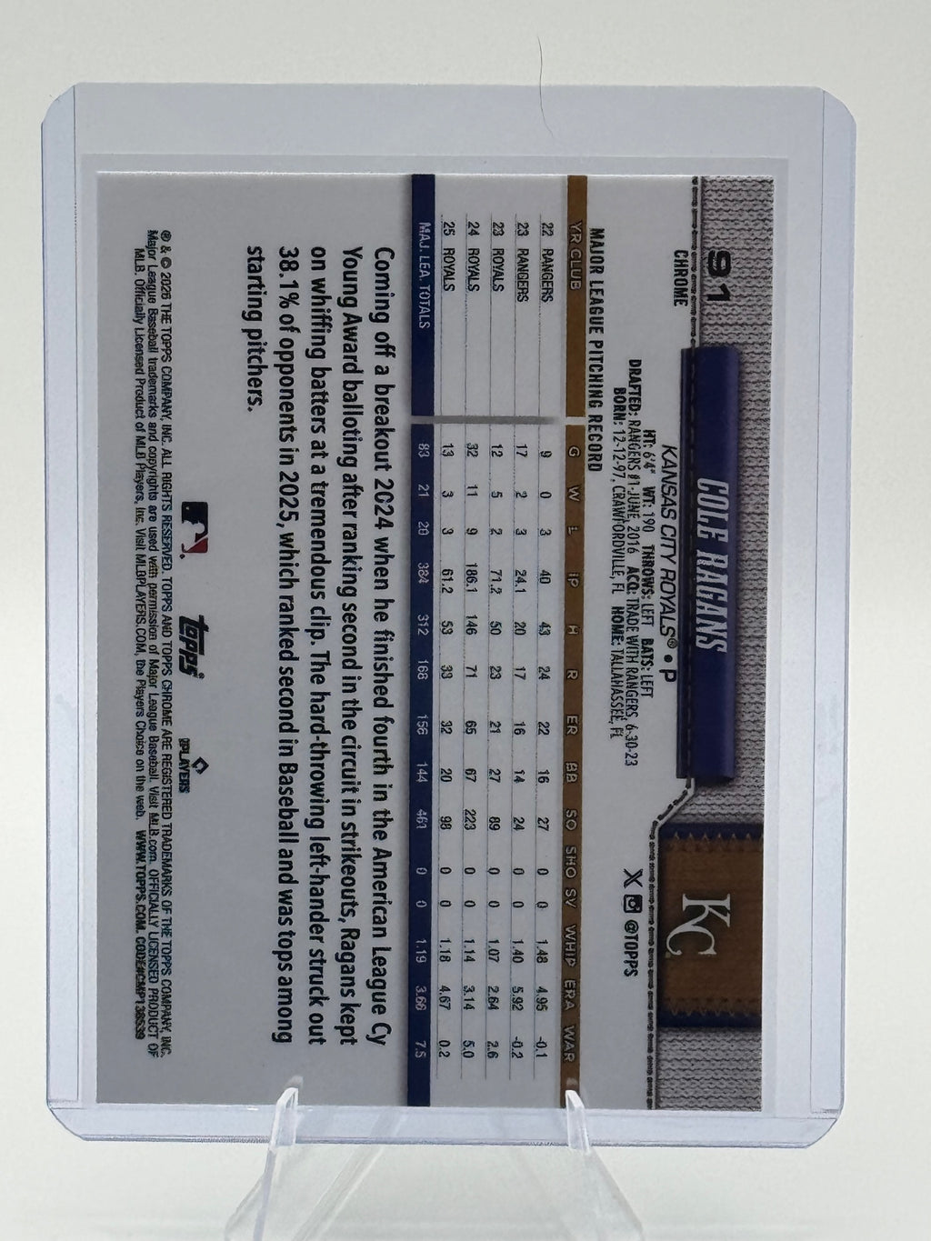 2026 Topps Chrome Cole Ragans #91 Kansas City Royals Near Mint or Better