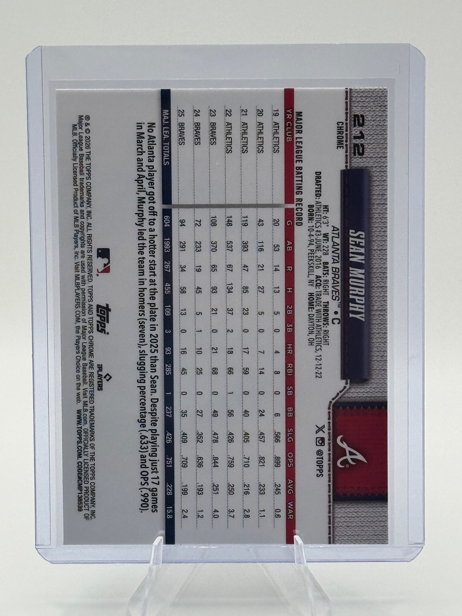2026 Topps Chrome Sean Murphy #212 Atlanta Braves Near Mint or Better
