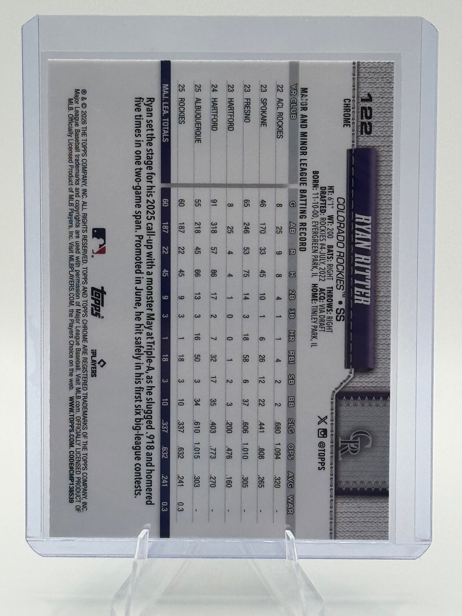 2026 Topps Chrome Ryan Ritter #122 Colorado Rockies Near Mint or Better