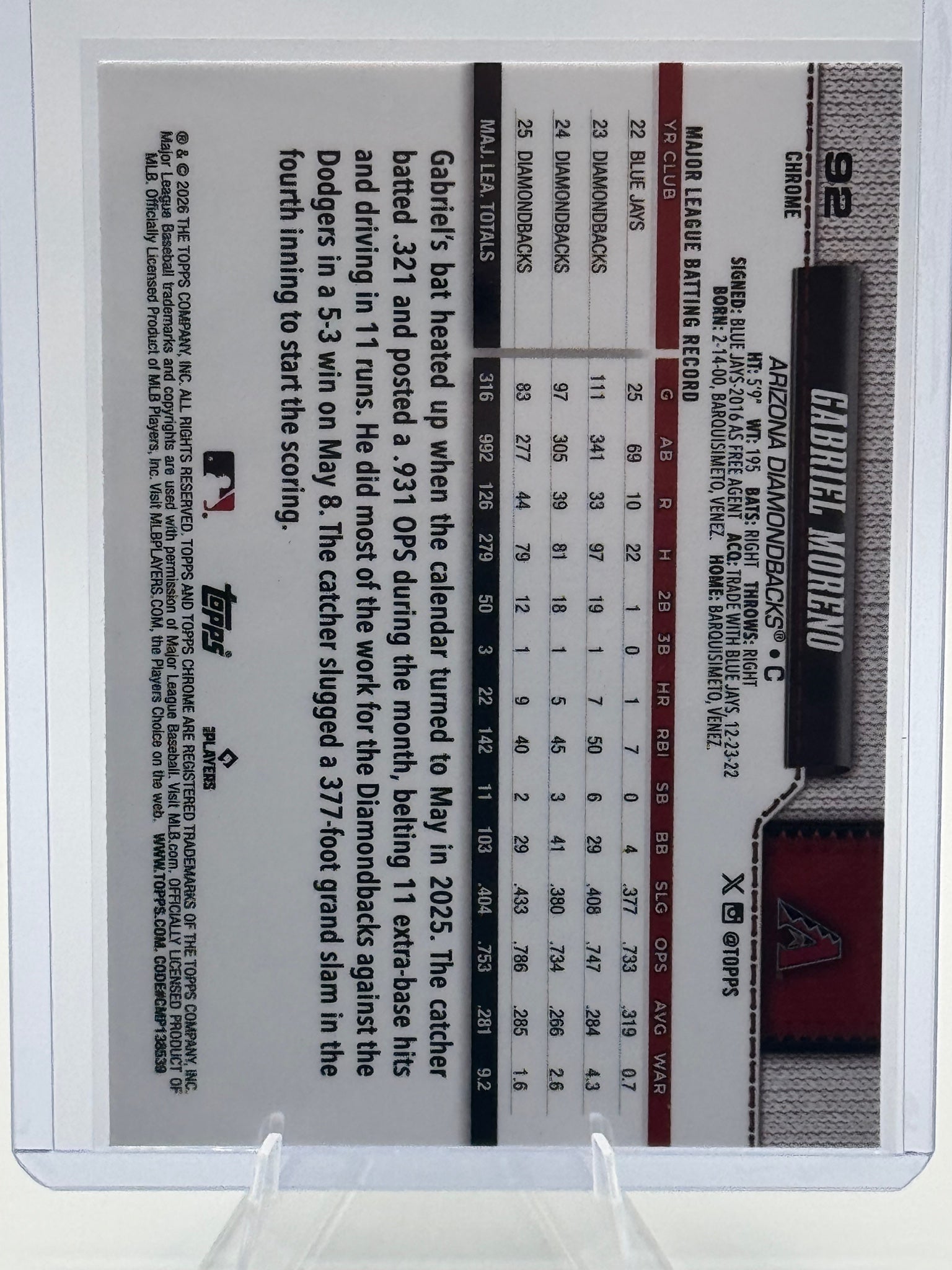 2026 Topps Chrome Gabriel Moreno #92 Arizona Diamondbacks Near Mint or Better