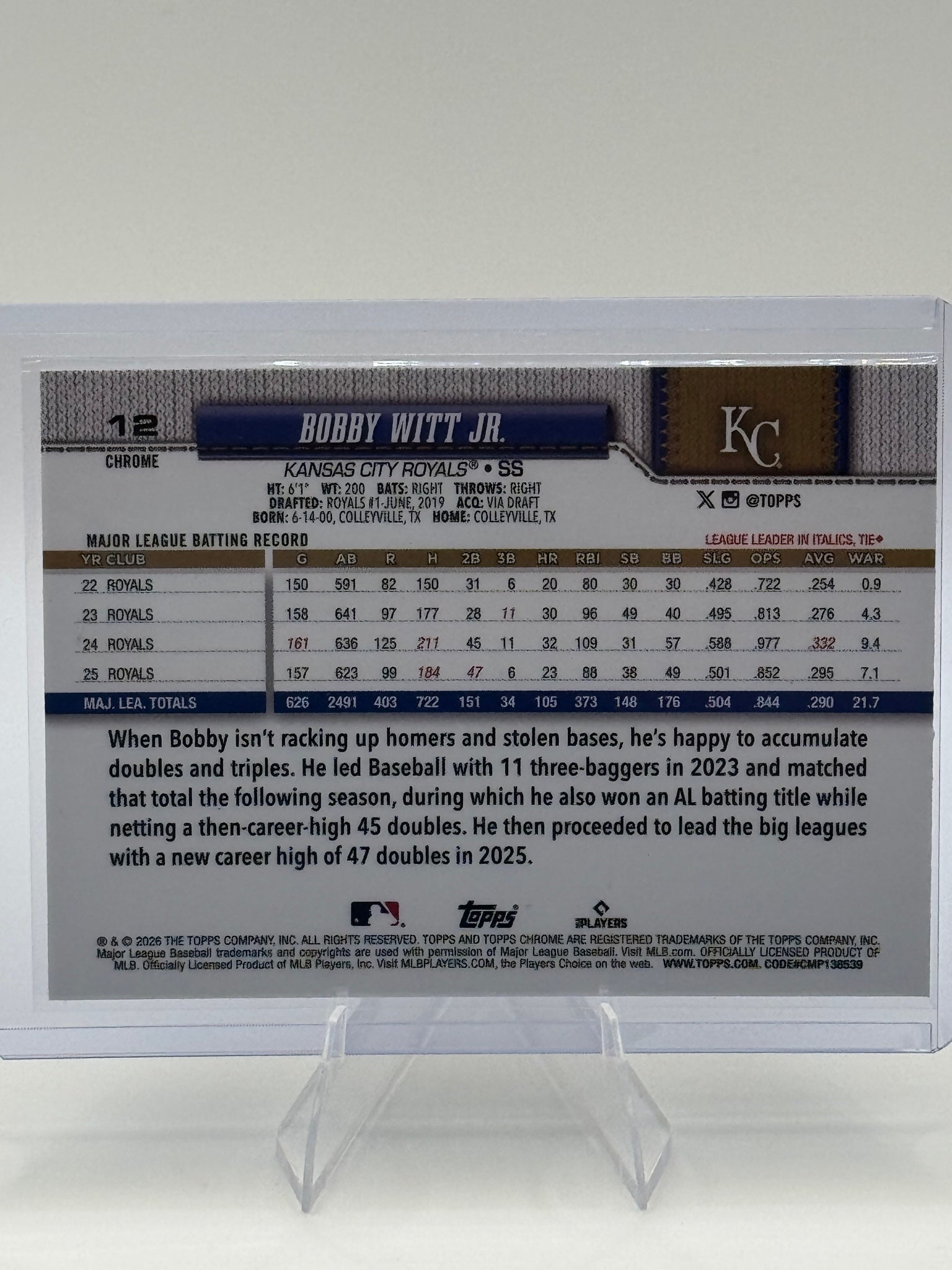 2026 Topps Chrome Bobby Witt Jr. #12 Kansas City Royals Near Mint or Better