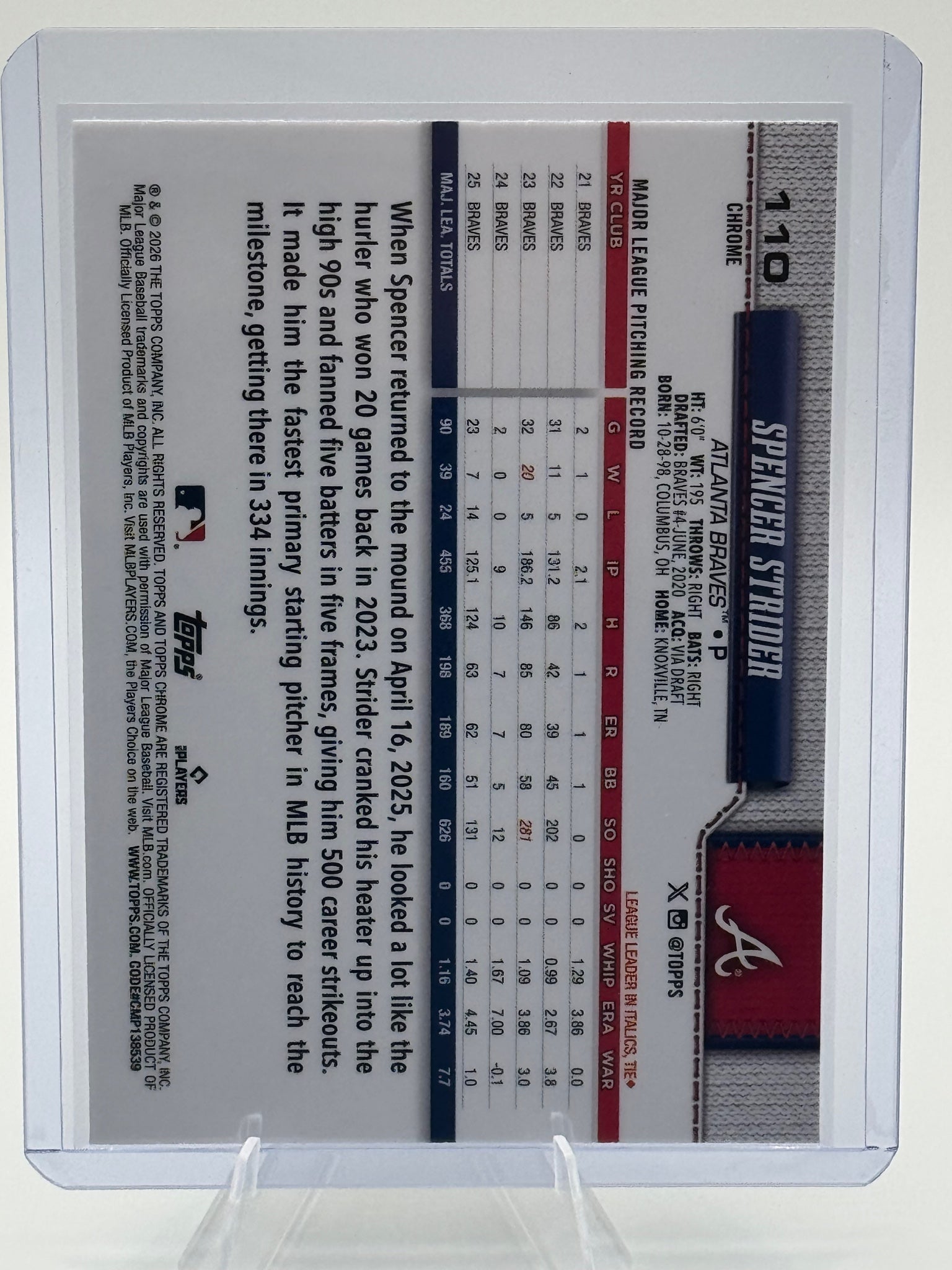 2026 Topps Chrome Spencer Strider #110 Atlanta Braves Near Mint or Better