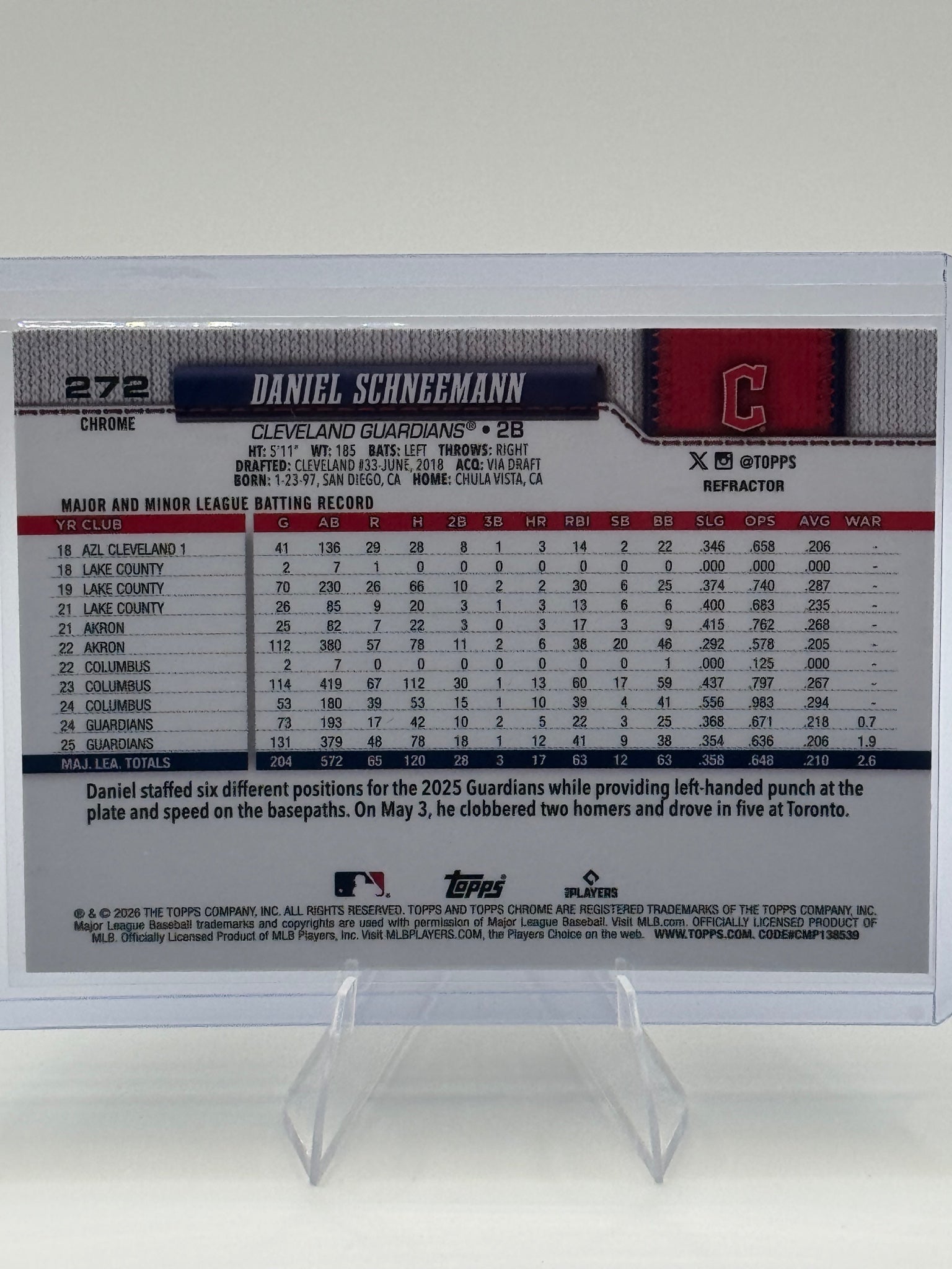 2026 Topps Chrome Daniel Schneemann #272 Refractors Guardians NM