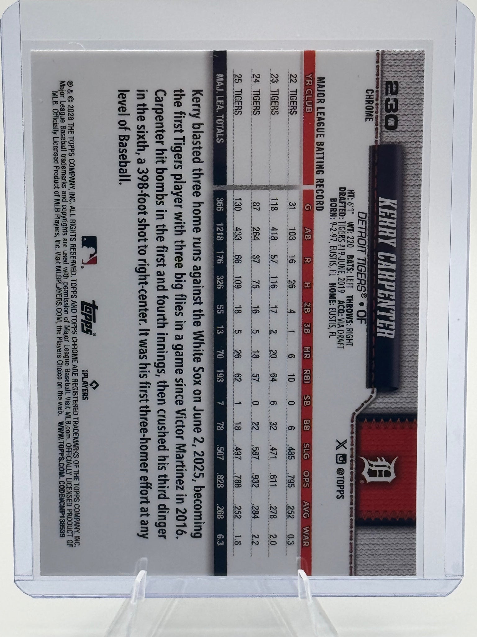 2026 Topps Chrome Kerry Carpenter #230 Detroit Tigers Near Mint or Better