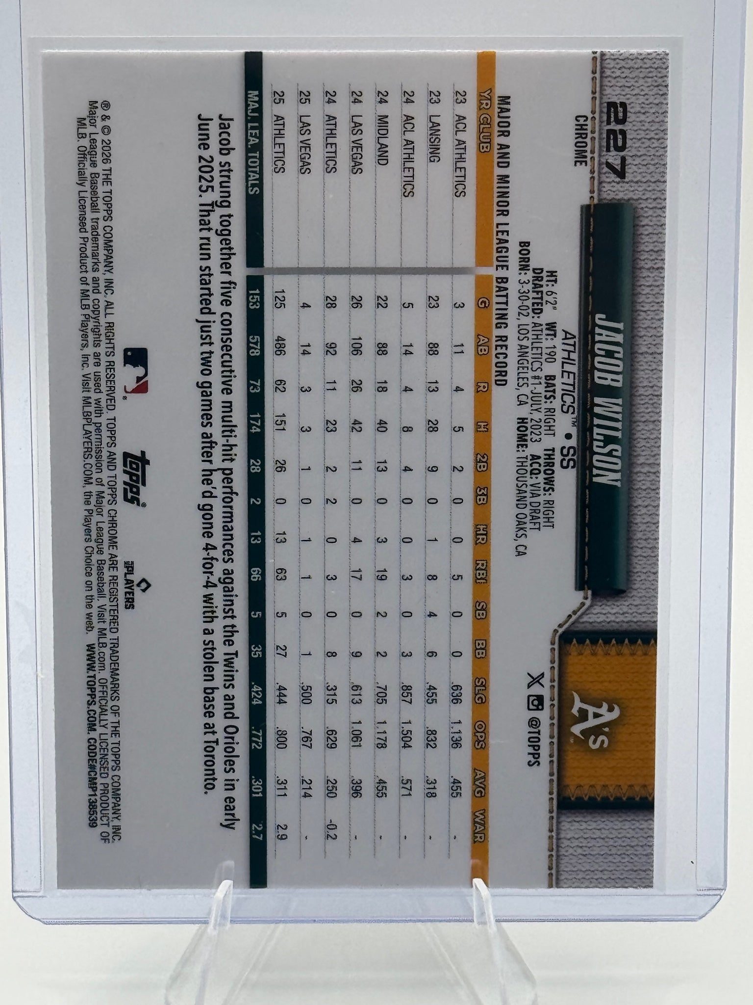 2026 Topps Chrome Jacob Wilson #227 Athletics Near Mint or Better