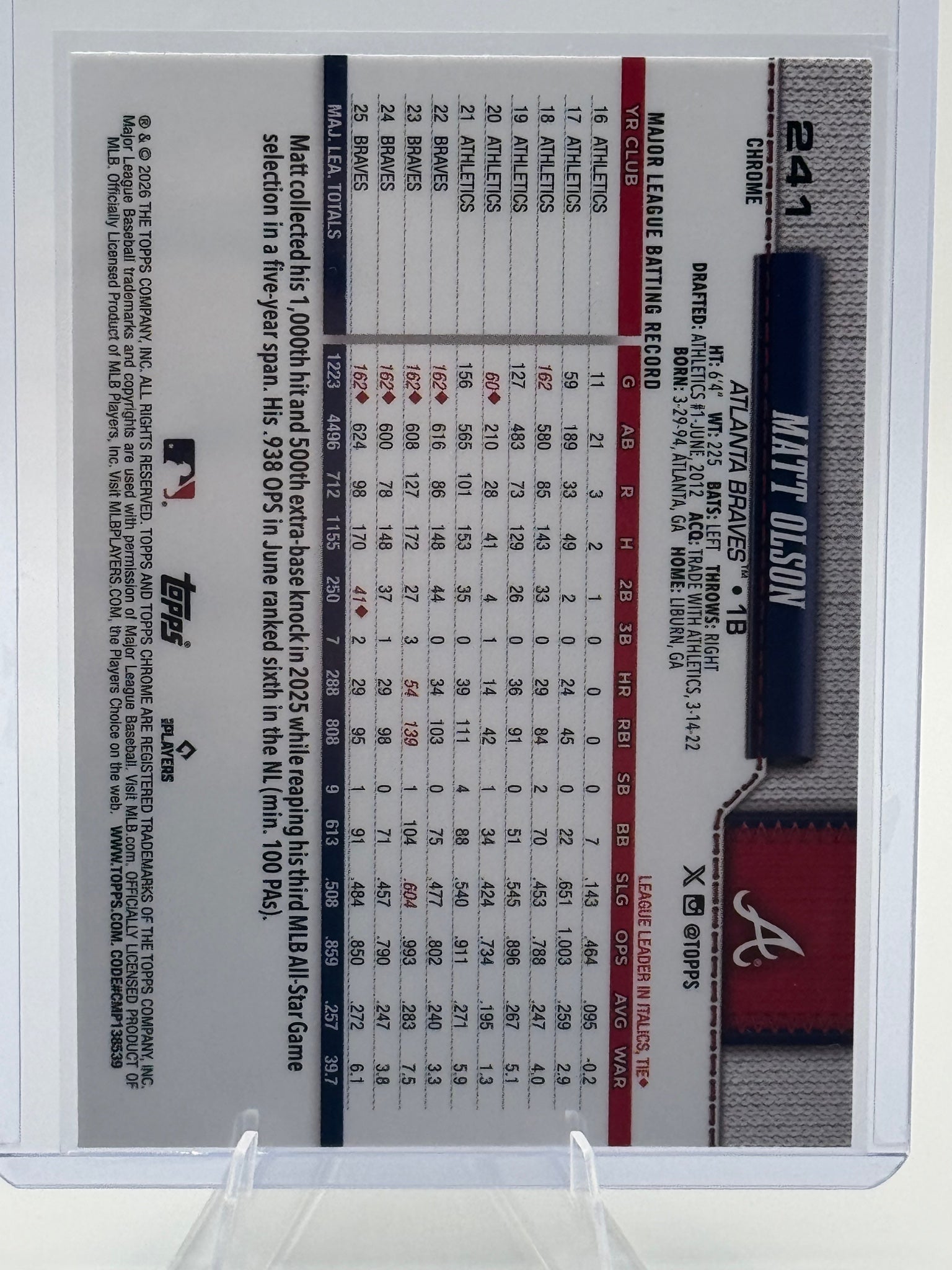 2026 Topps Chrome Matt Olson #241 Atlanta Braves Near Mint or Better