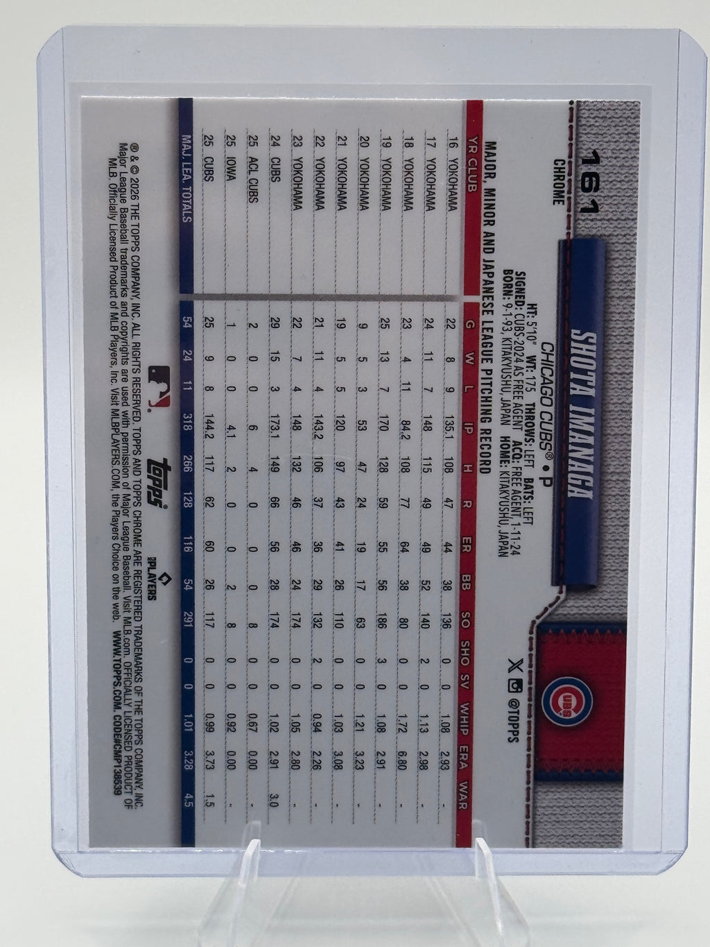 2026 Topps Chrome Shota Imanaga #161 Chicago Cubs Near Mint or Better