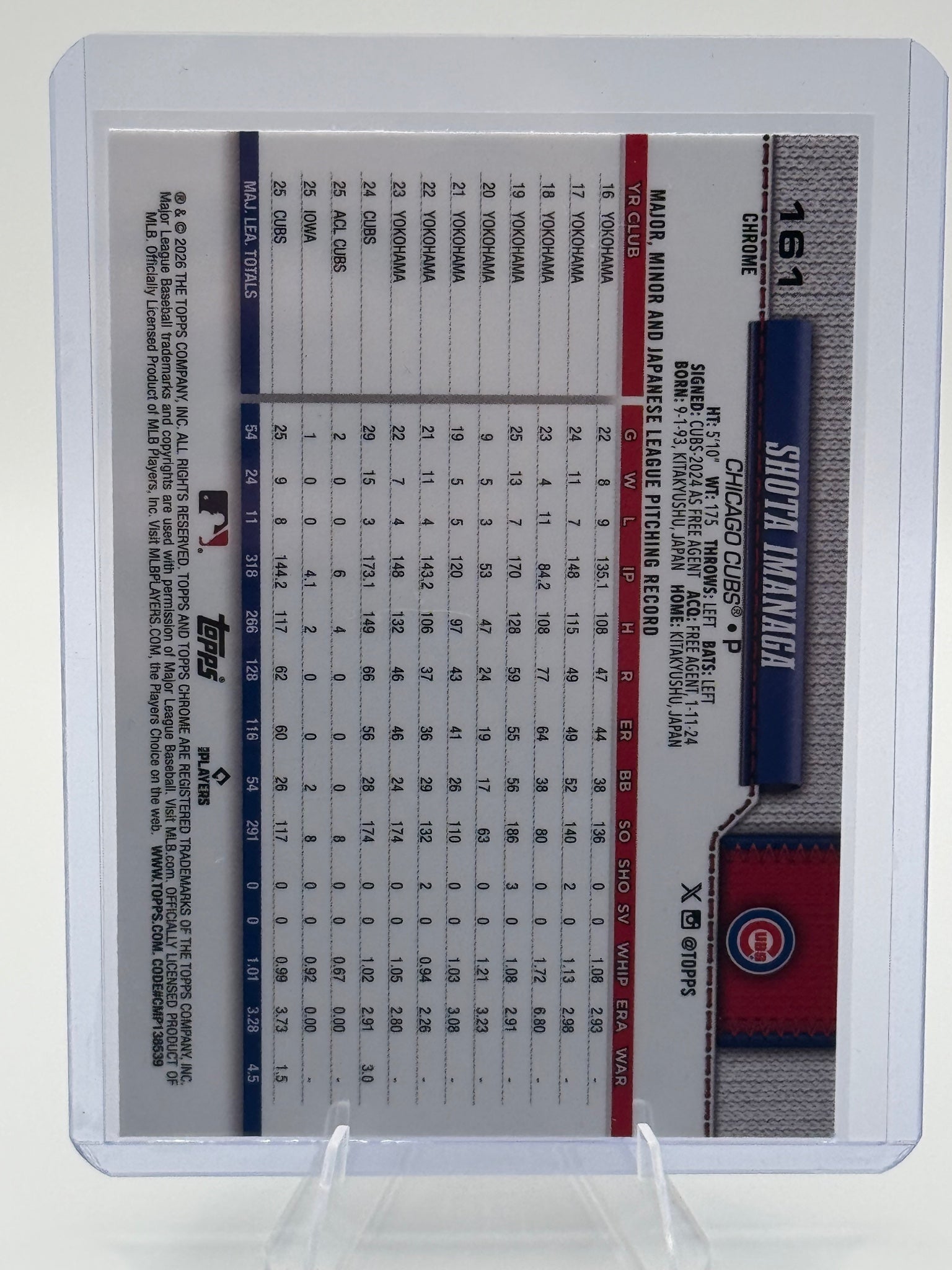 2026 Topps Chrome Shota Imanaga #161 Chicago Cubs Near Mint or Better