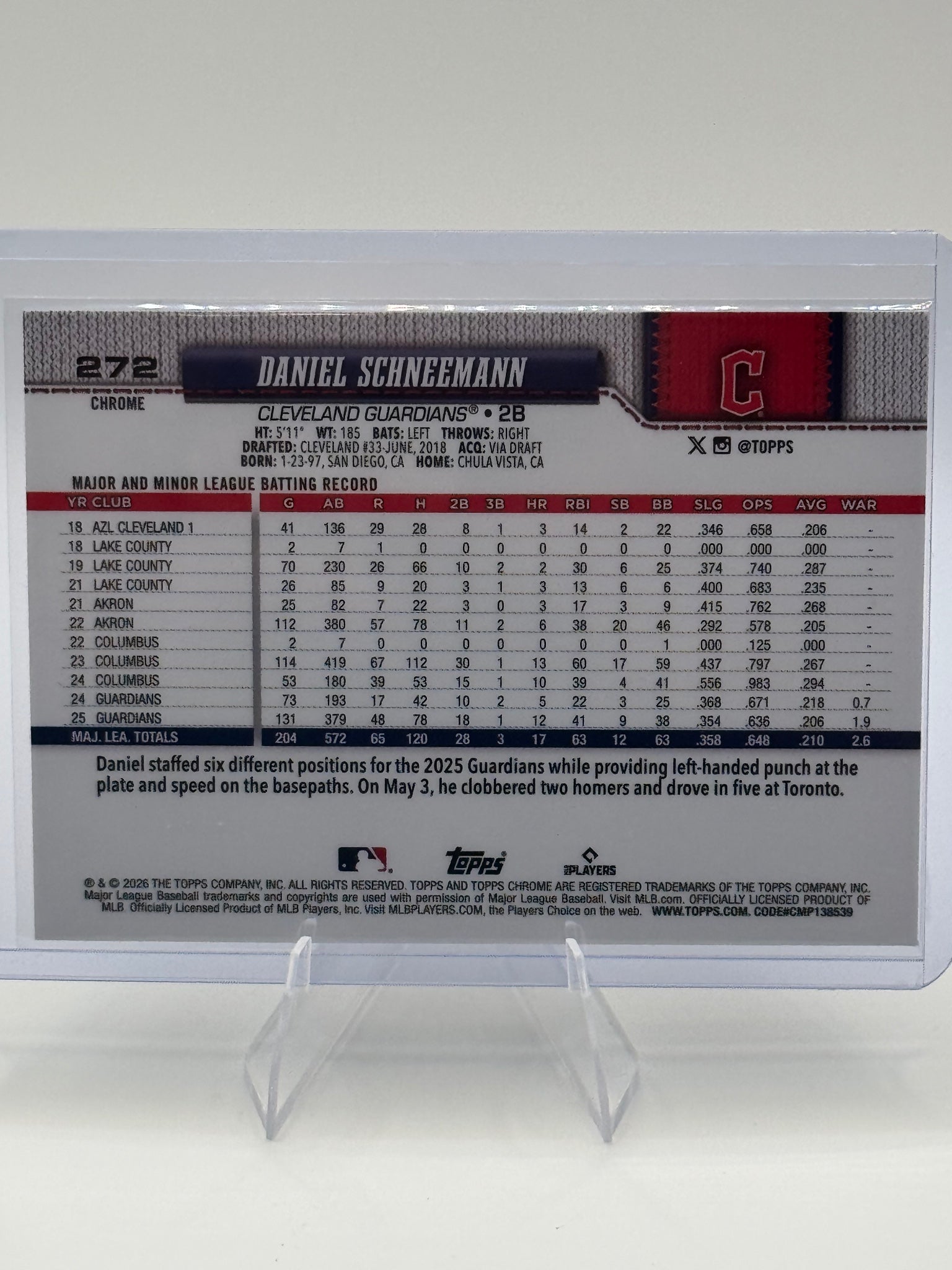 2026 Topps Chrome Daniel Schneemann #272 Cleveland Guardians Near Mint or Better