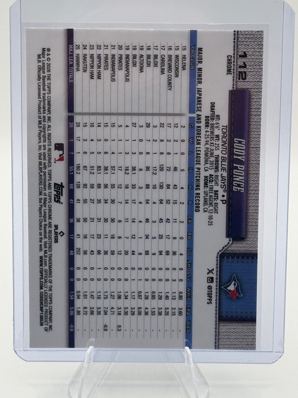 2026 Topps Chrome Cody Ponce #112 Toronto Blue Jays Near Mint or Better