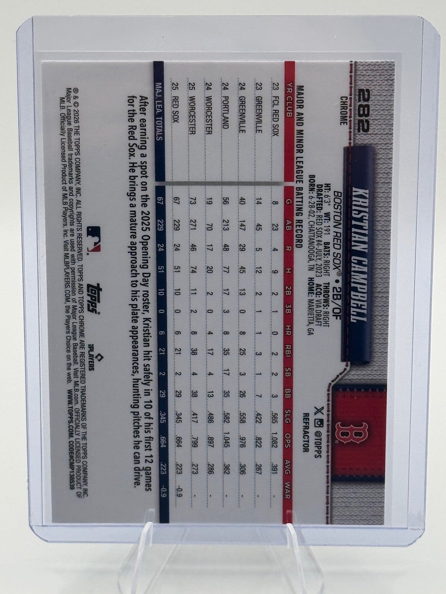 2026 Topps Chrome Kristian Campbell #282 Boston Red Sox Near Mint or Better