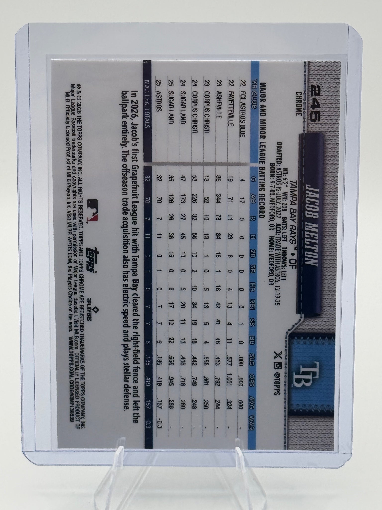 2026 Topps Chrome Jacob Melton #245 Tampa Bay Rays Near Mint or Better