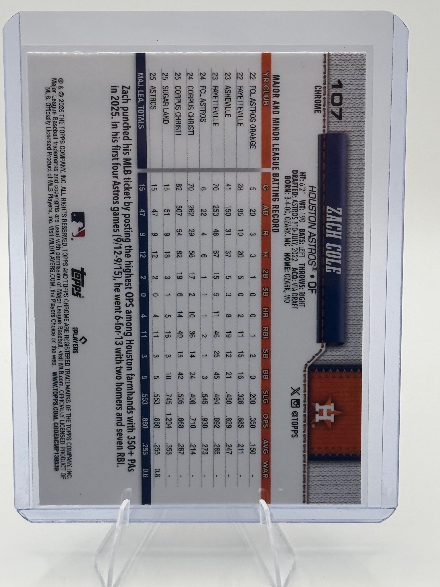 2026 Topps Chrome Zach Cole #107 Houston Astros Near Mint or Better
