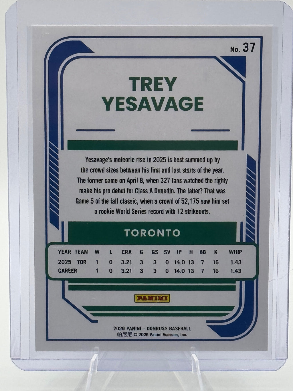 2026 Donruss Trey Yesavage #37 Toronto Blue Jays Near Mint or Better
