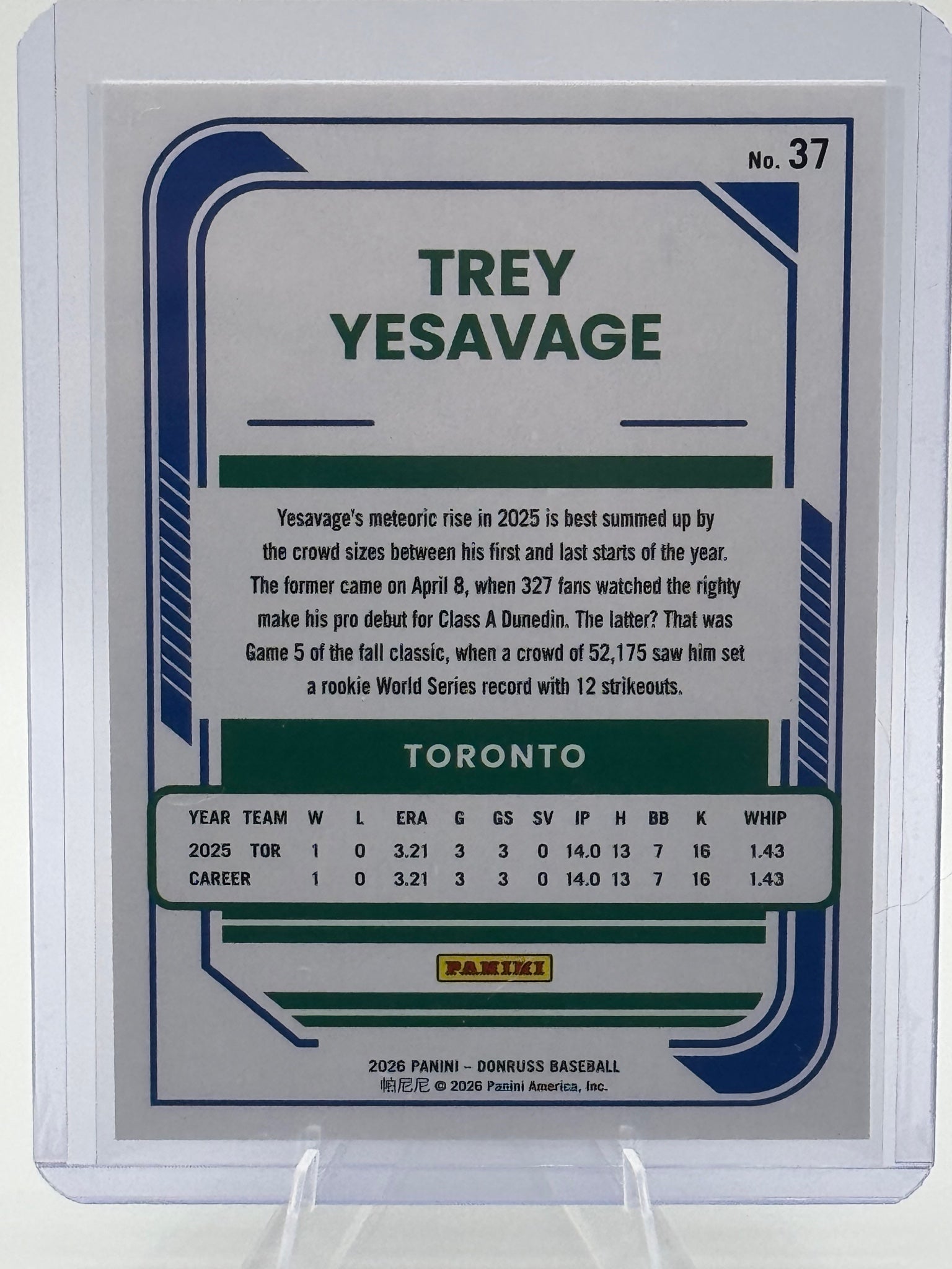 2026 Donruss Trey Yesavage #37 Toronto Blue Jays Near Mint or Better