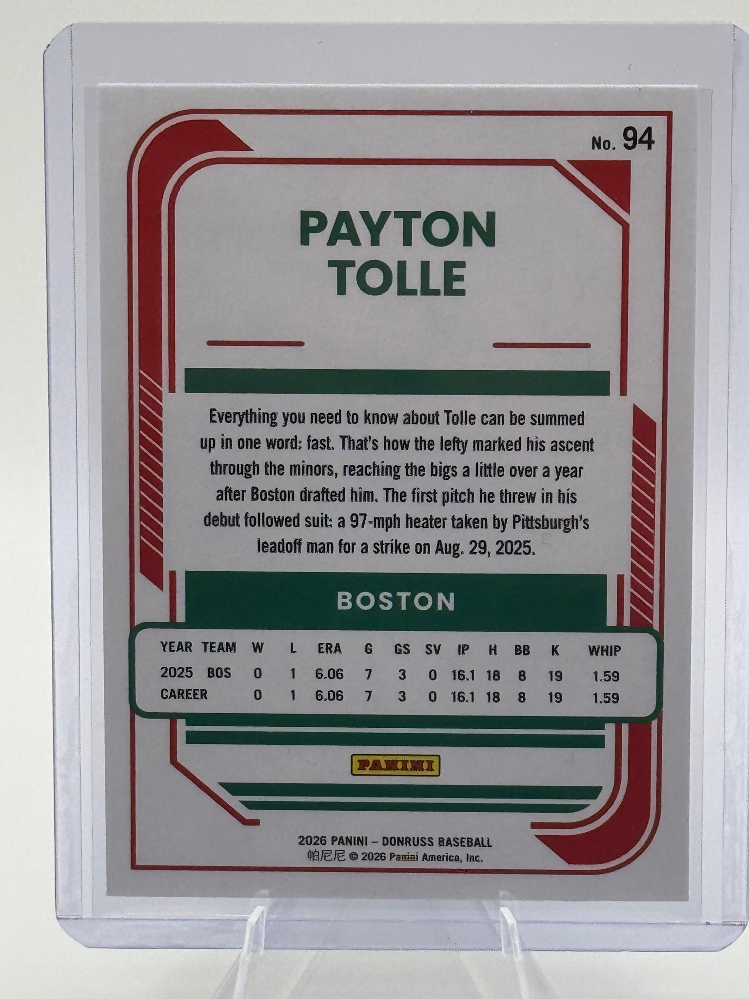 2026 Donruss Payton Tolle #94 Boston Red Sox Near Mint or Better