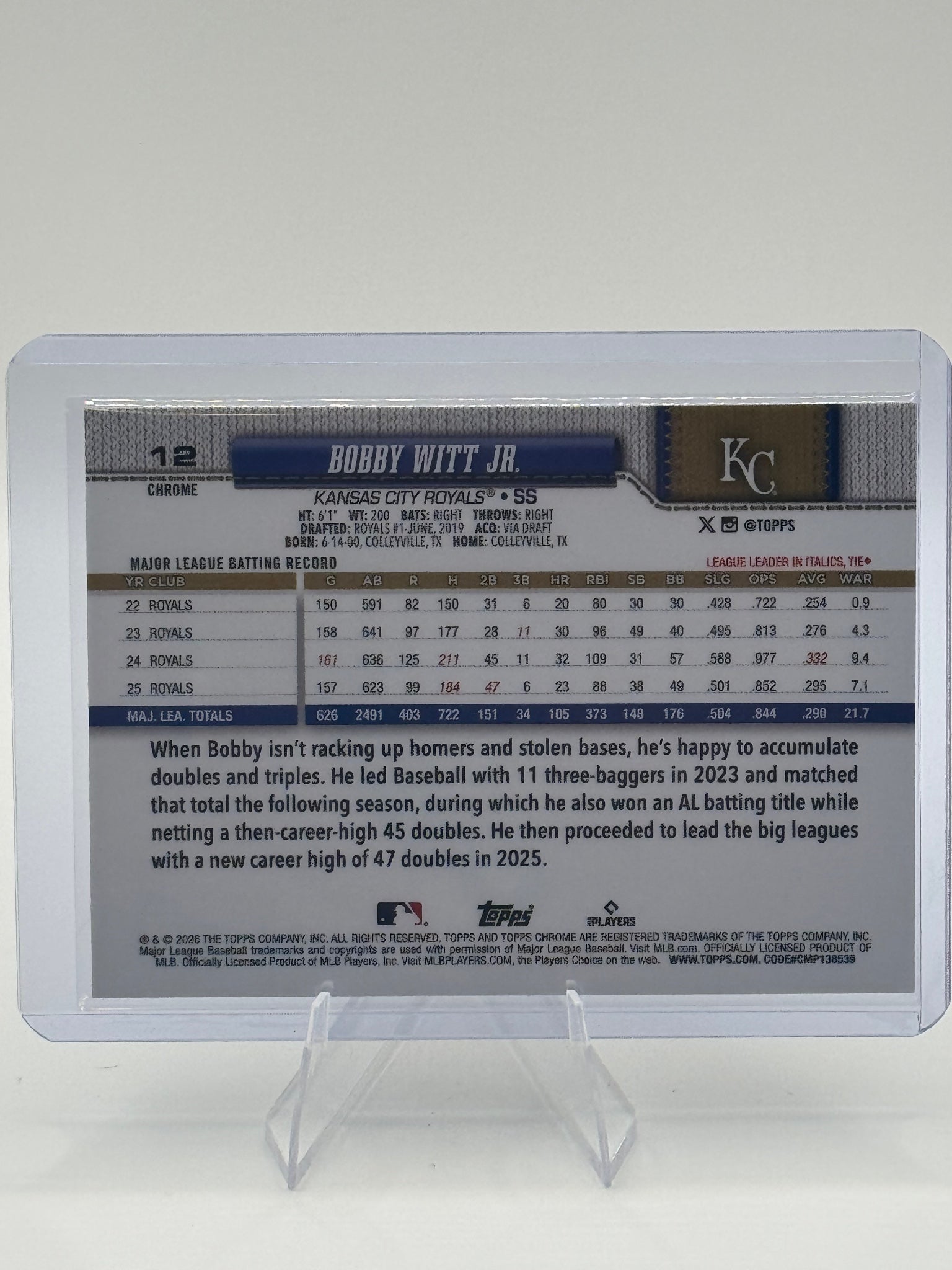 2026 Topps Chrome Bobby Witt Jr. #12 Kansas City Royals Near Mint or Better