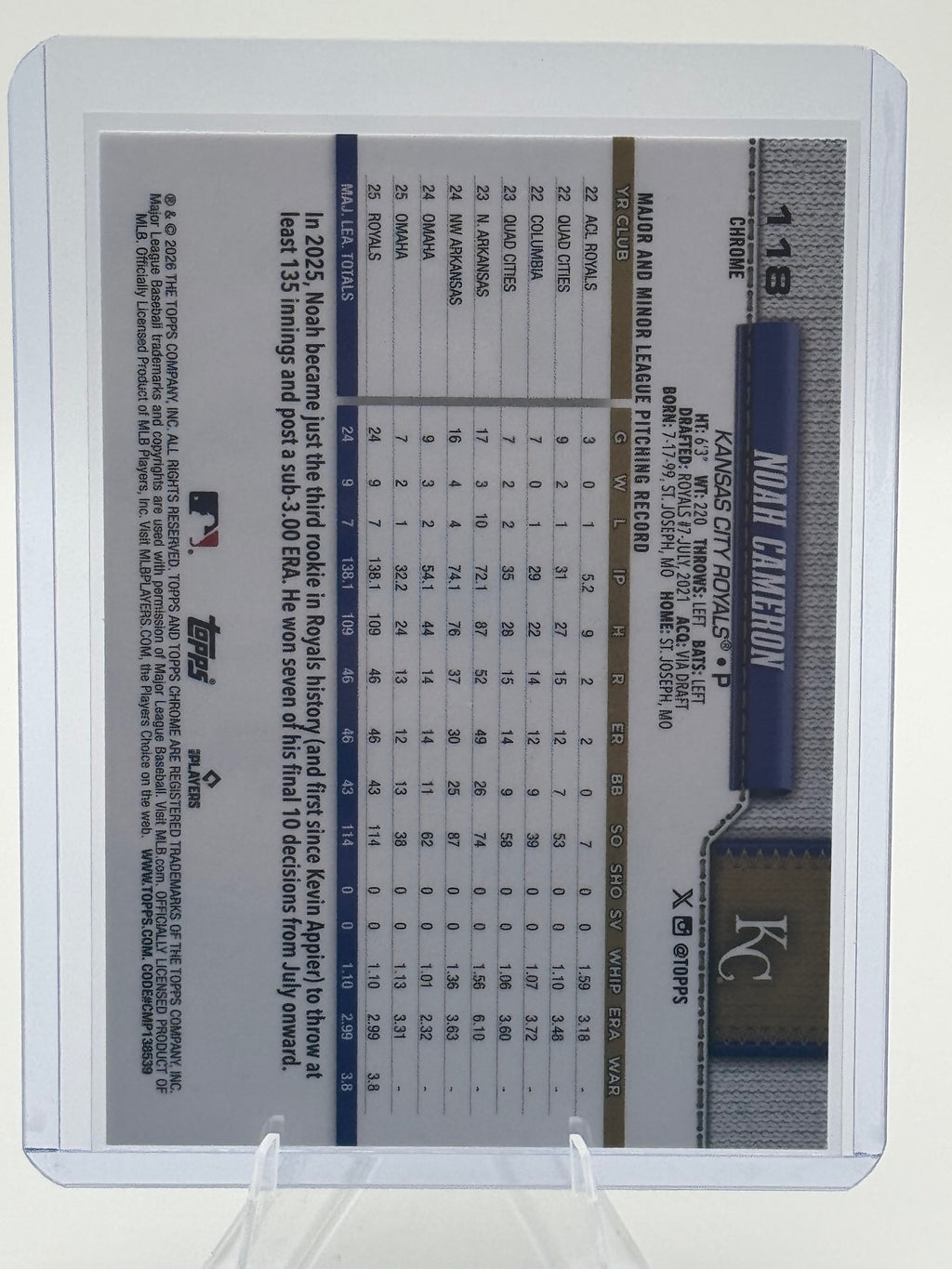 2026 Topps Chrome Noah Cameron #118 Kansas City Royals Near Mint or Better