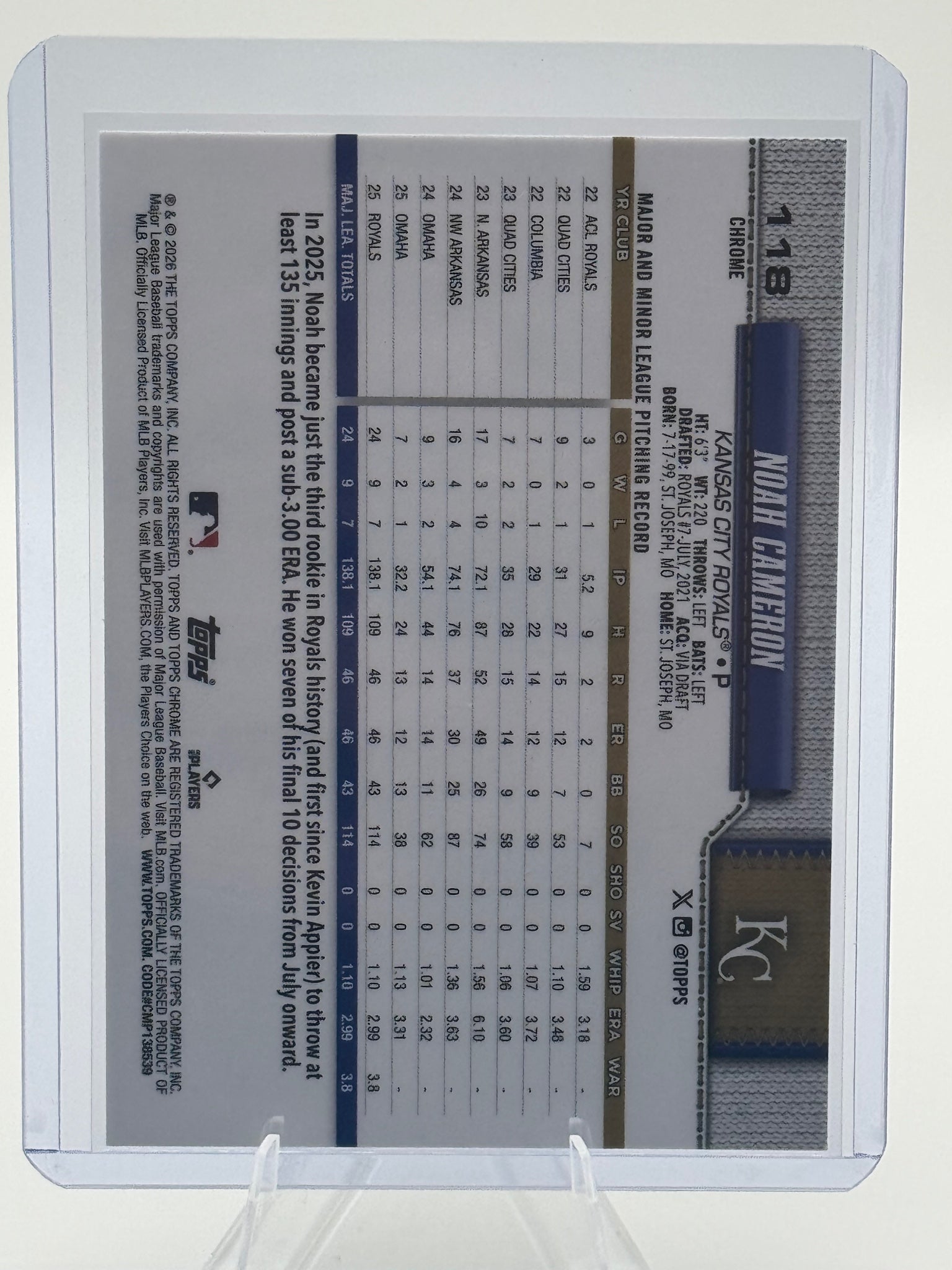 2026 Topps Chrome Noah Cameron #118 Kansas City Royals Near Mint or Better