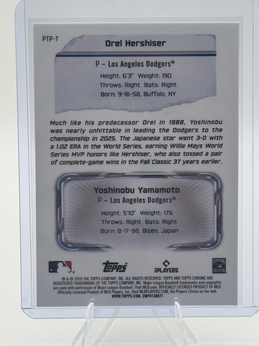 2026 Topps Chrome Hershiser / Yamamoto #PTP-7 Past to Present Dodgers NM