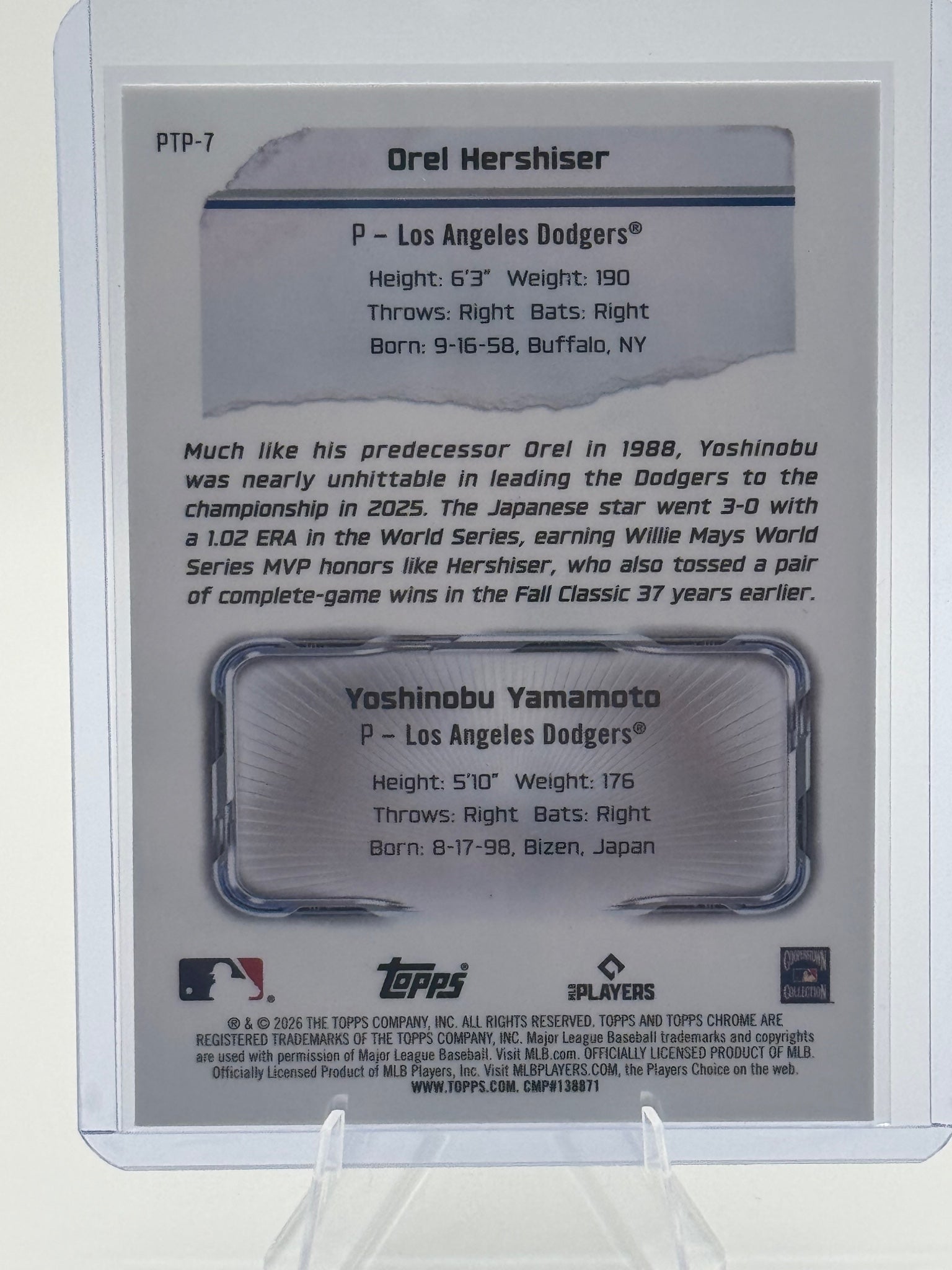 2026 Topps Chrome Hershiser / Yamamoto #PTP-7 Past to Present Dodgers NM