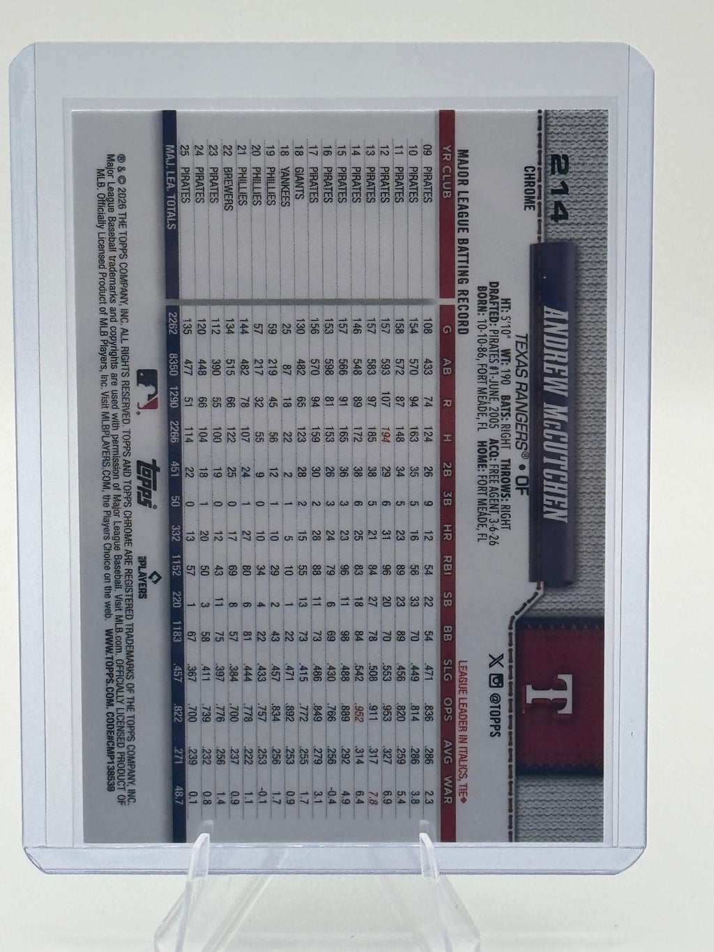 2026 Topps Chrome Andrew McCutchen #214 Texas Rangers Near Mint or Better