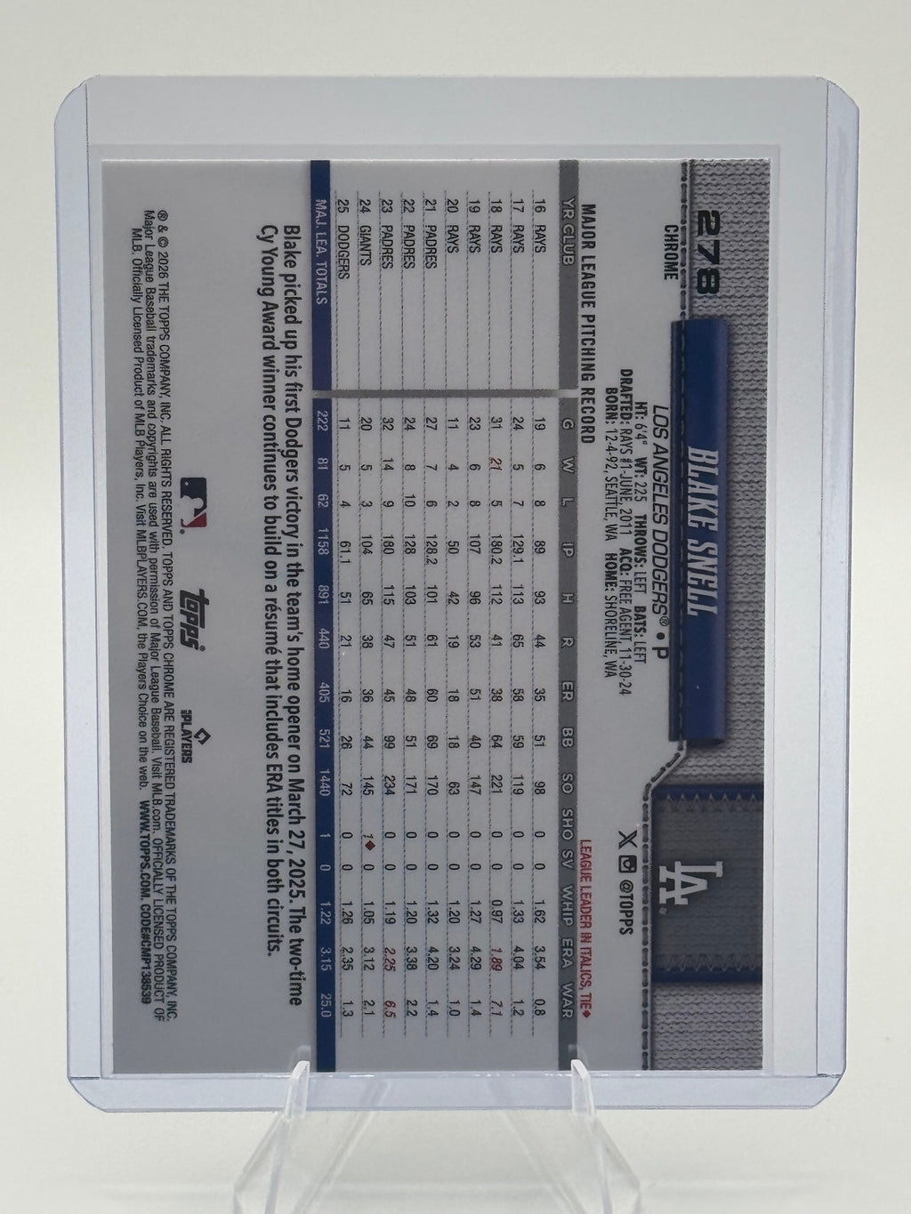 2026 Topps Chrome Blake Snell #278 X-Fractors Los Angeles Dodgers Near Mint