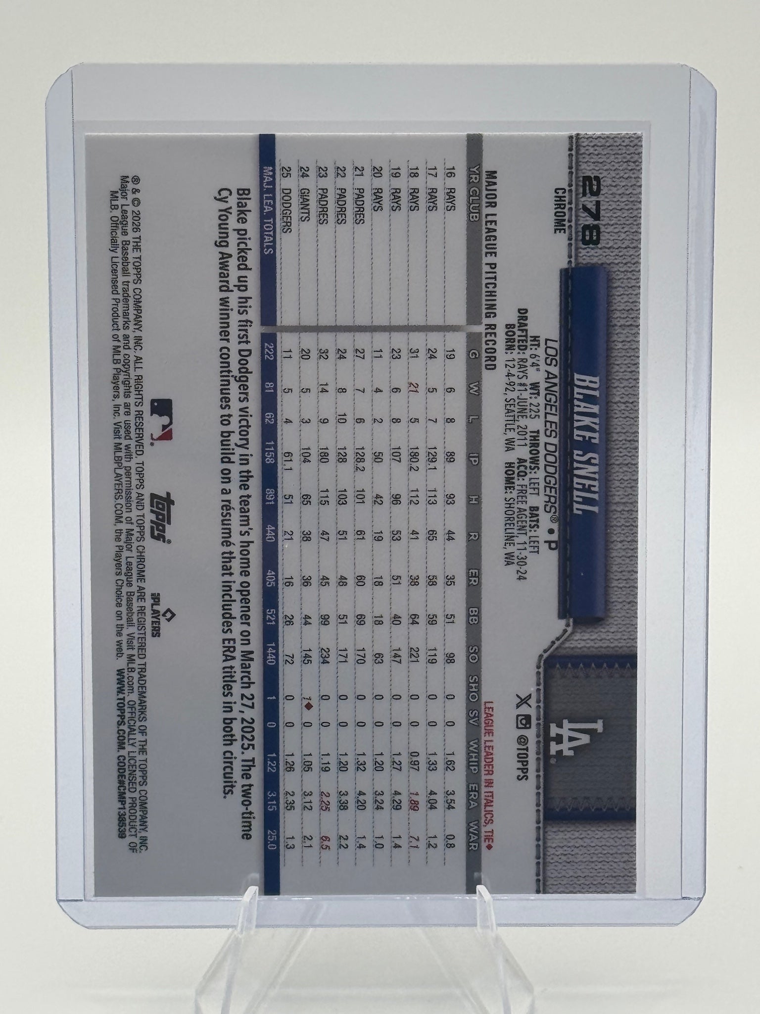 2026 Topps Chrome Blake Snell #278 X-Fractors Los Angeles Dodgers Near Mint